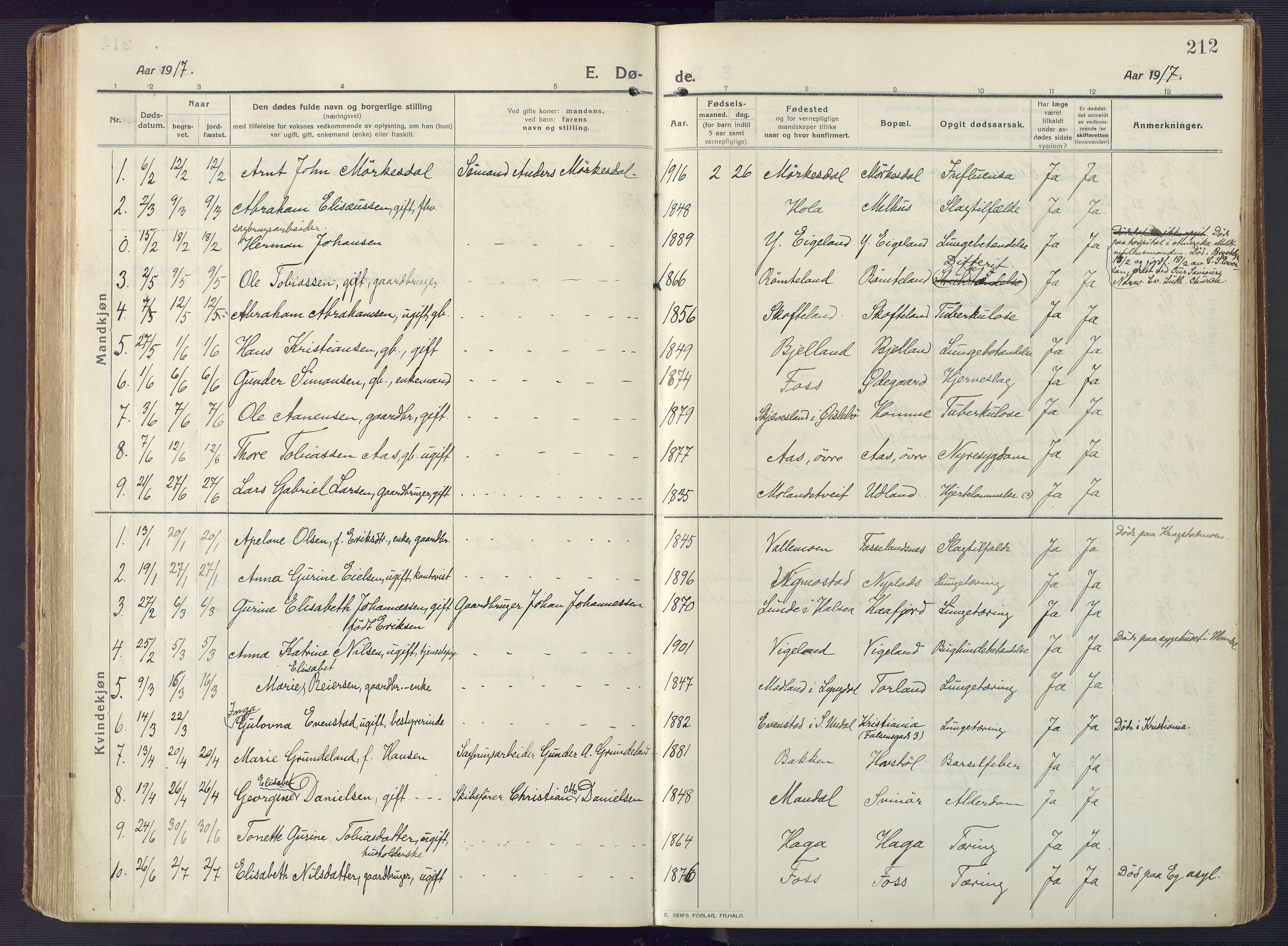 Sør-Audnedal sokneprestkontor, AV/SAK-1111-0039/F/Fa/Fab/L0011: Parish register (official) no. A 11, 1912-1938, p. 212