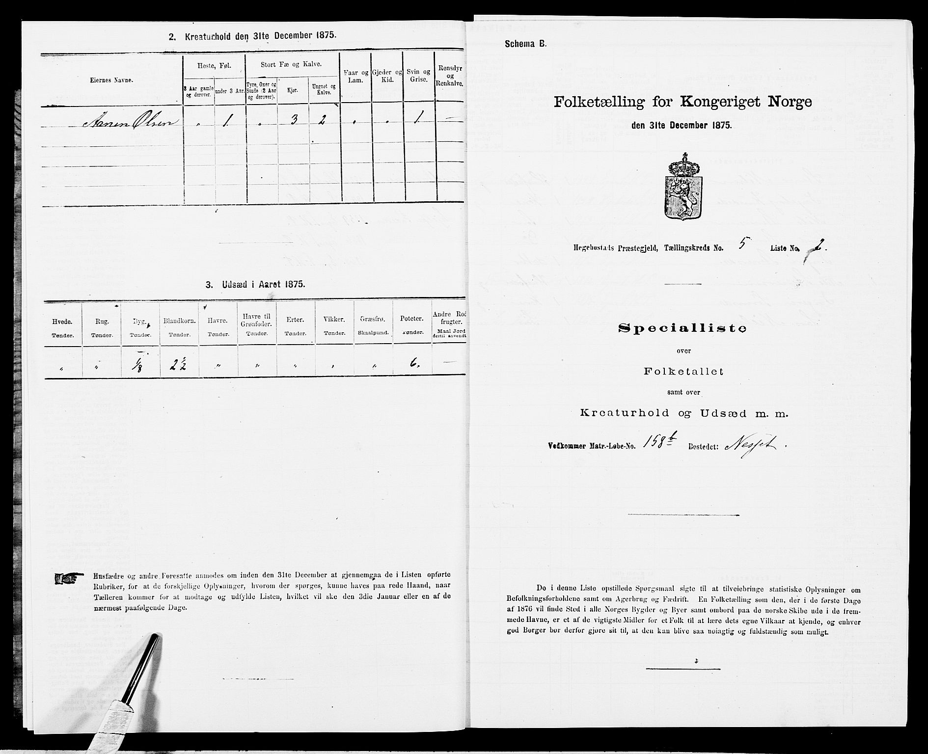 SAK, 1875 census for 1034P Hægebostad, 1875, p. 472