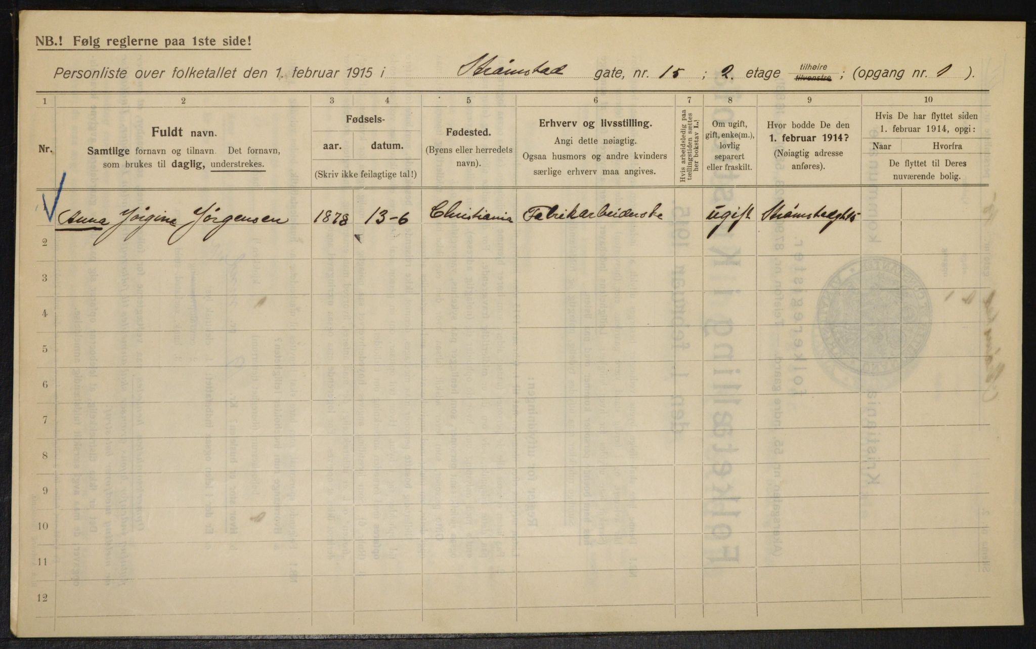 OBA, Municipal Census 1915 for Kristiania, 1915, p. 104109