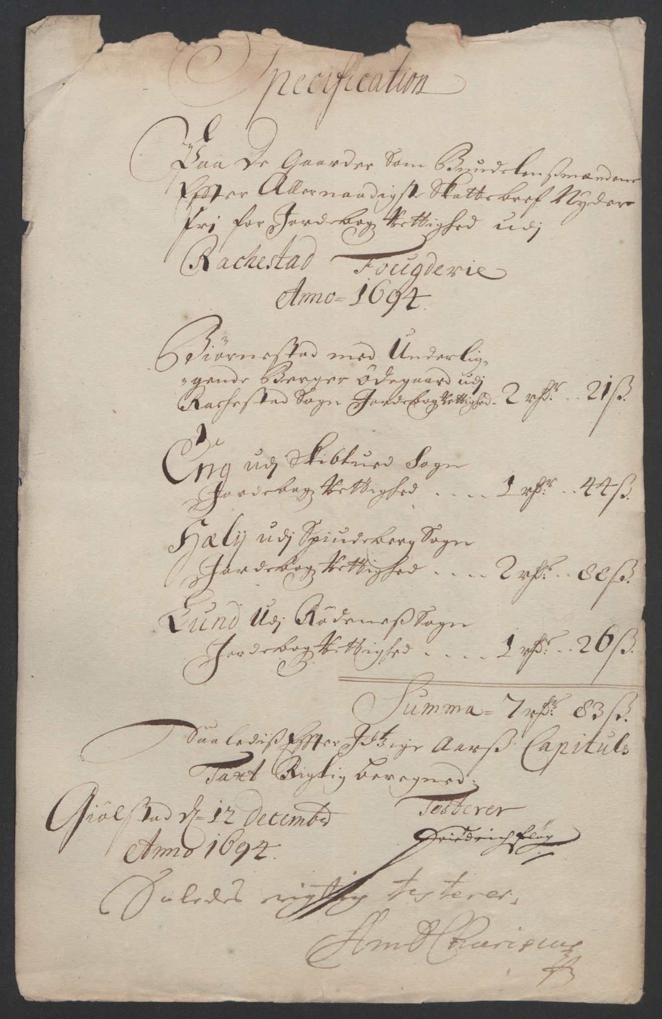 Rentekammeret inntil 1814, Reviderte regnskaper, Fogderegnskap, AV/RA-EA-4092/R07/L0284: Fogderegnskap Rakkestad, Heggen og Frøland, 1694, p. 311