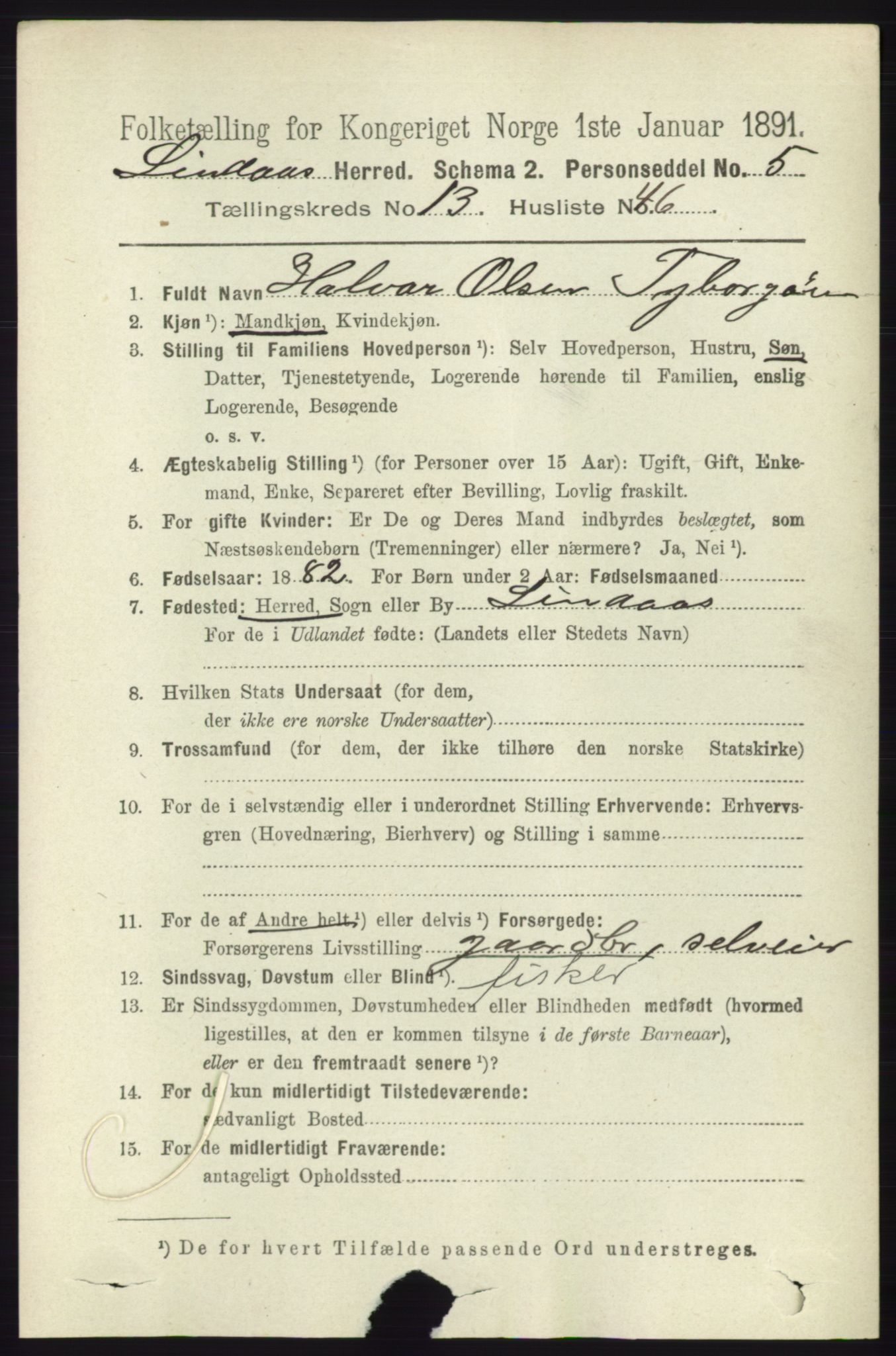 RA, 1891 census for 1263 Lindås, 1891, p. 4832