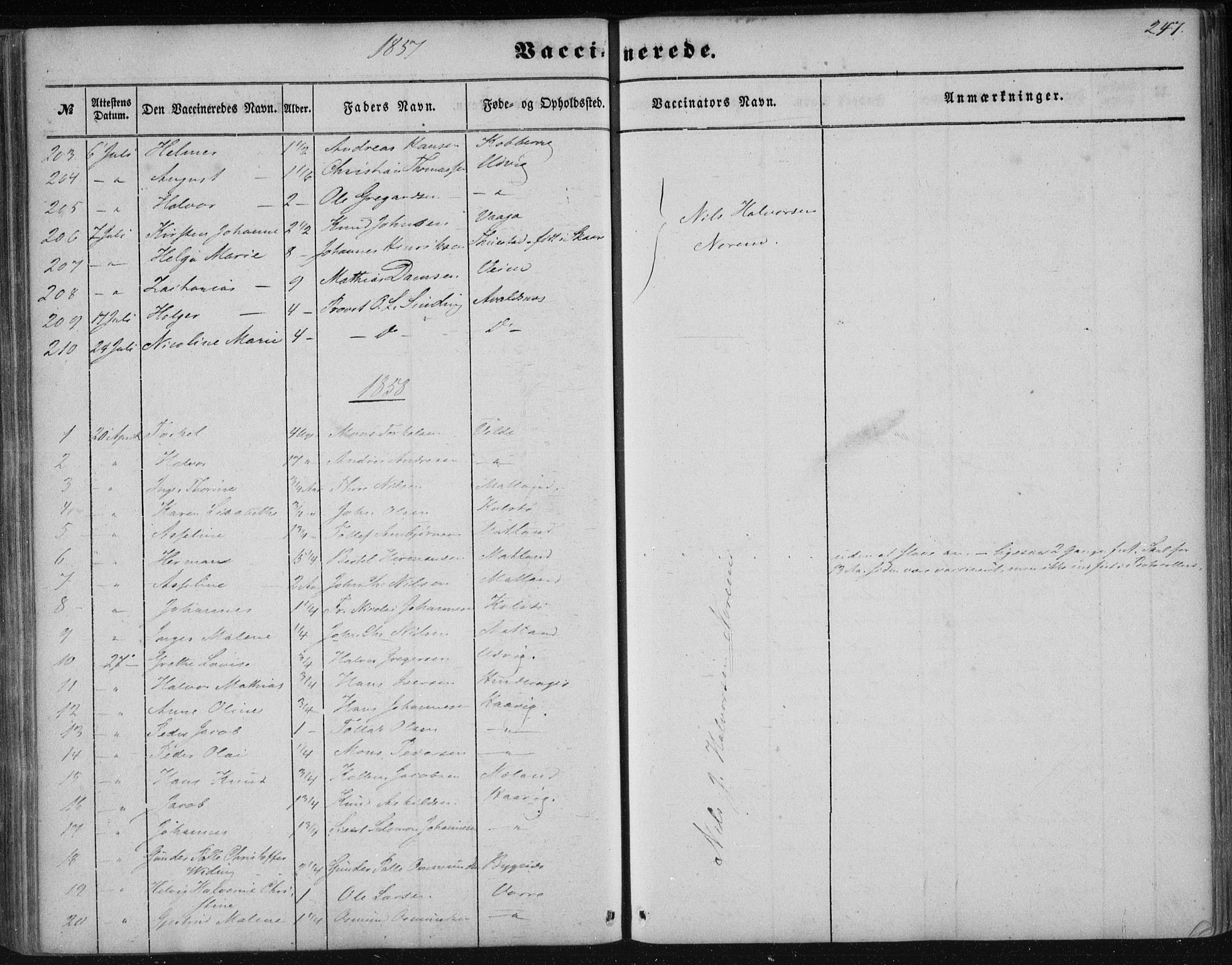 Avaldsnes sokneprestkontor, AV/SAST-A -101851/H/Ha/Haa/L0009: Parish register (official) no. A 9, 1853-1865, p. 247