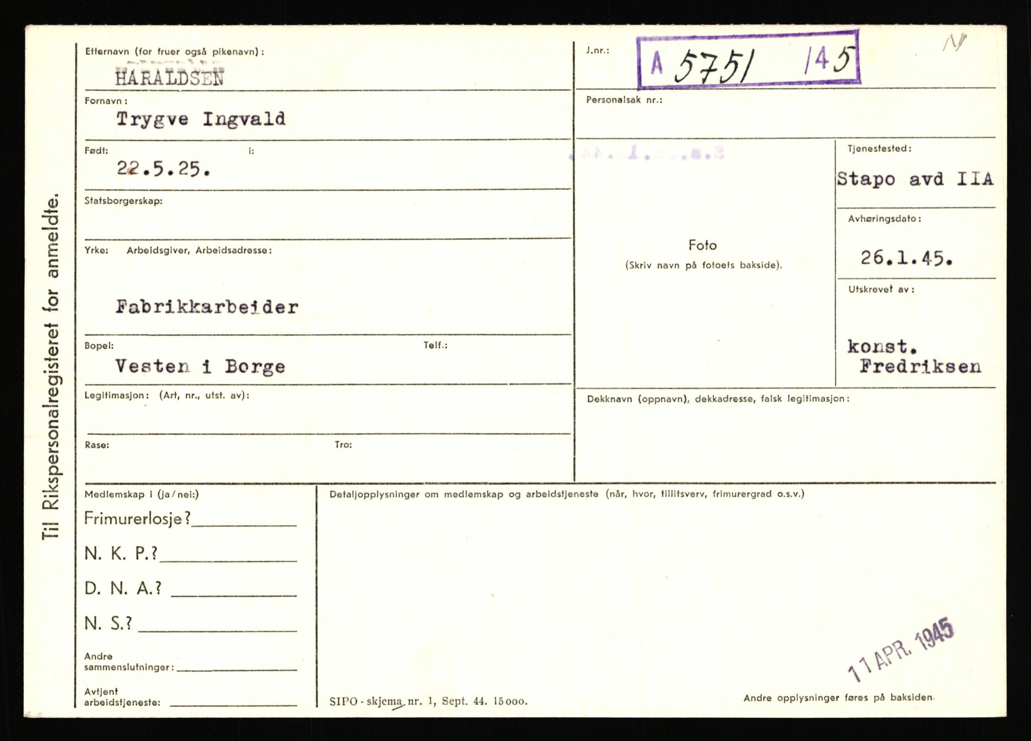 Statspolitiet - Hovedkontoret / Osloavdelingen, AV/RA-S-1329/C/Ca/L0006: Hanche - Hokstvedt, 1943-1945, p. 1825