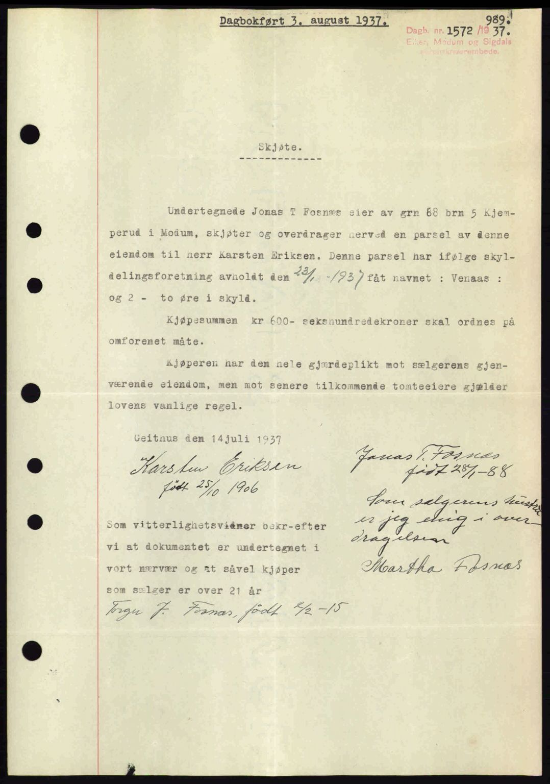 Eiker, Modum og Sigdal sorenskriveri, SAKO/A-123/G/Ga/Gab/L0035: Mortgage book no. A5, 1937-1937, Diary no: : 1572/1937