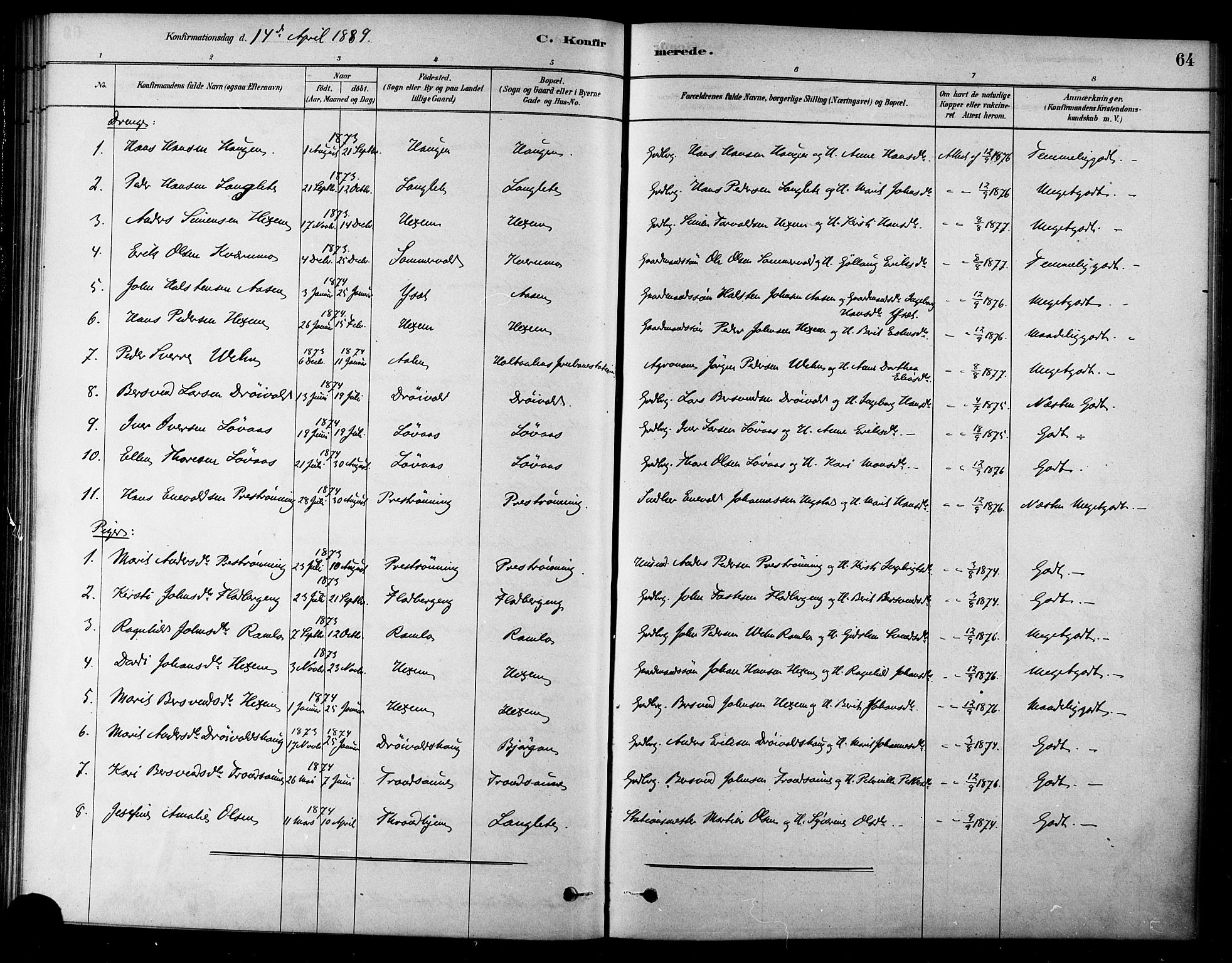 Ministerialprotokoller, klokkerbøker og fødselsregistre - Sør-Trøndelag, SAT/A-1456/685/L0972: Parish register (official) no. 685A09, 1879-1890, p. 64