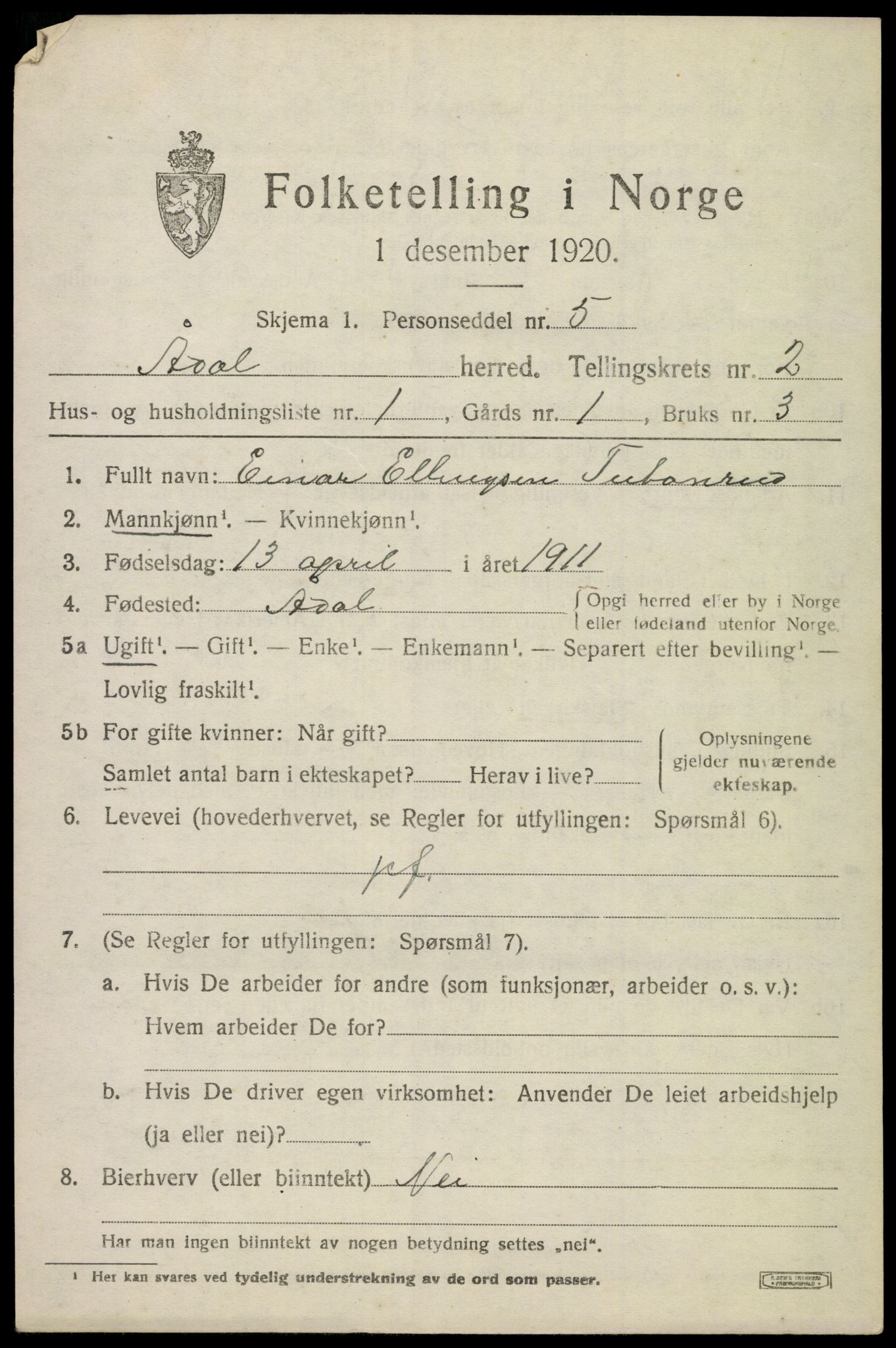 SAKO, 1920 census for Ådal, 1920, p. 2182