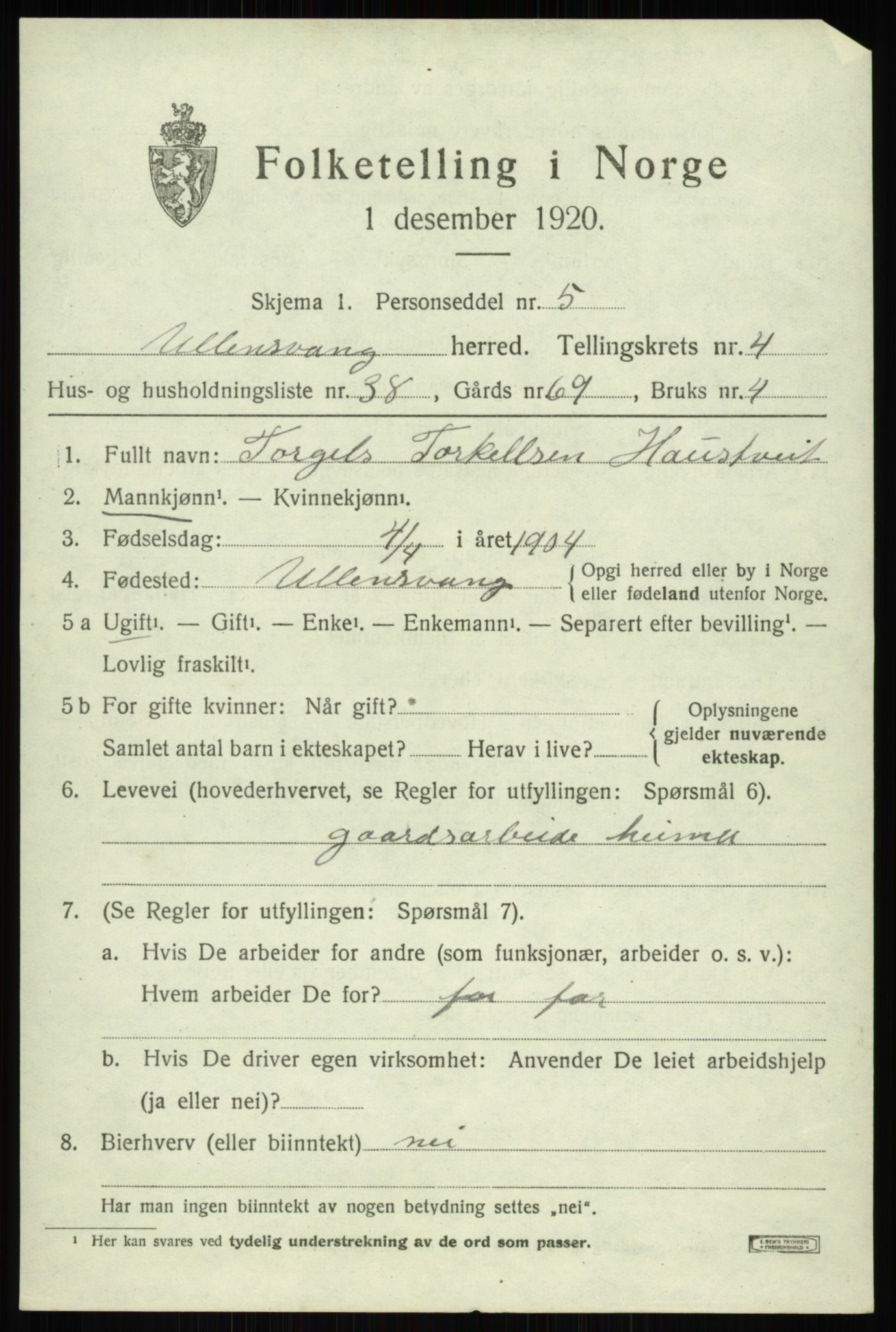 SAB, 1920 census for Ullensvang, 1920, p. 2354