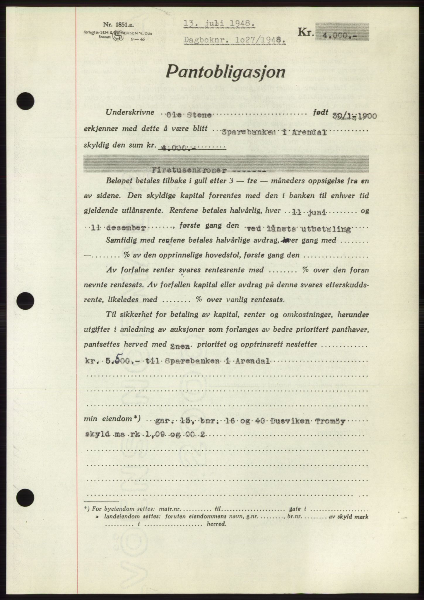 Nedenes sorenskriveri, AV/SAK-1221-0006/G/Gb/Gbb/L0005: Mortgage book no. B5, 1948-1948, Diary no: : 1027/1948