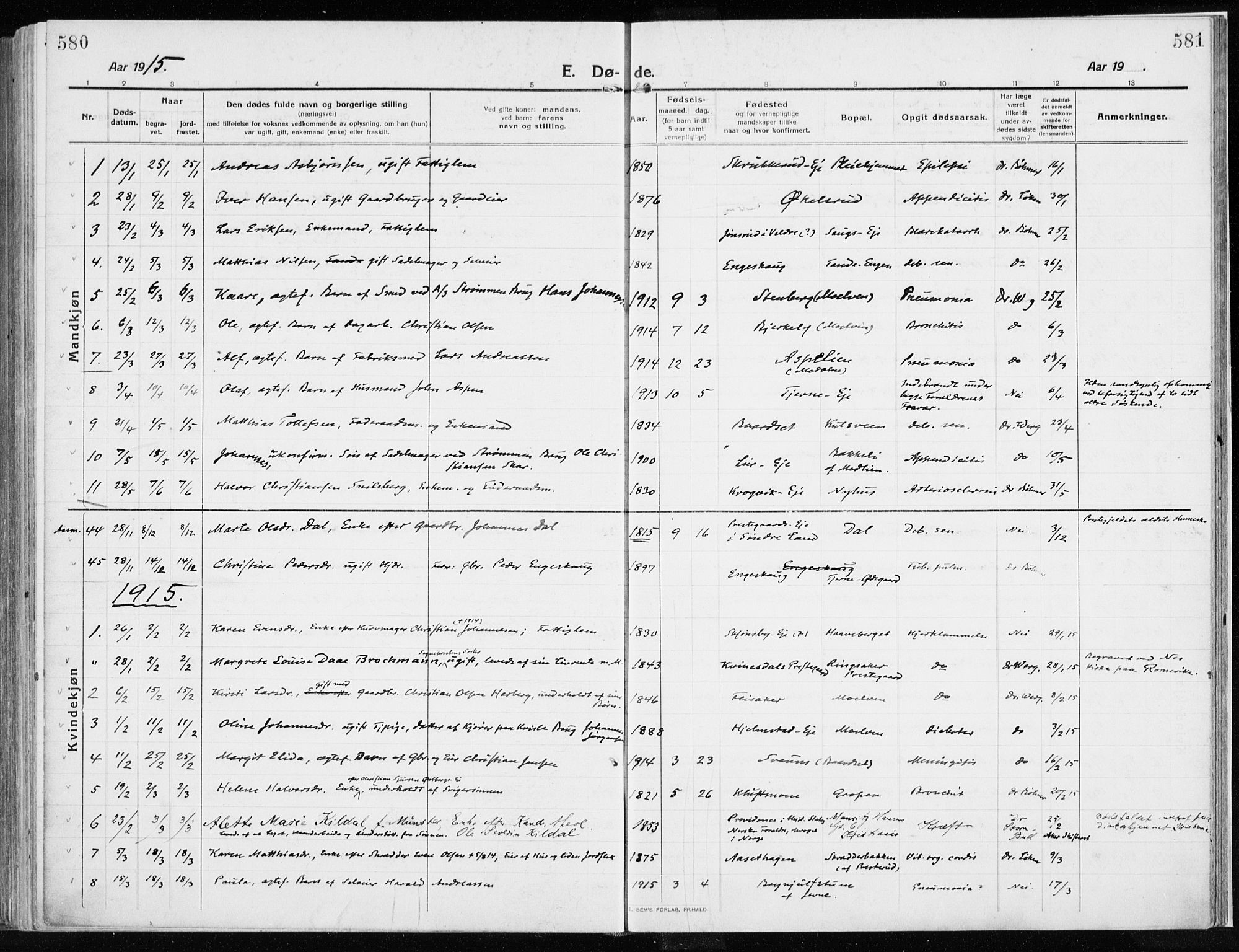 Ringsaker prestekontor, SAH/PREST-014/K/Ka/L0020: Parish register (official) no. 20, 1913-1922, p. 580-581