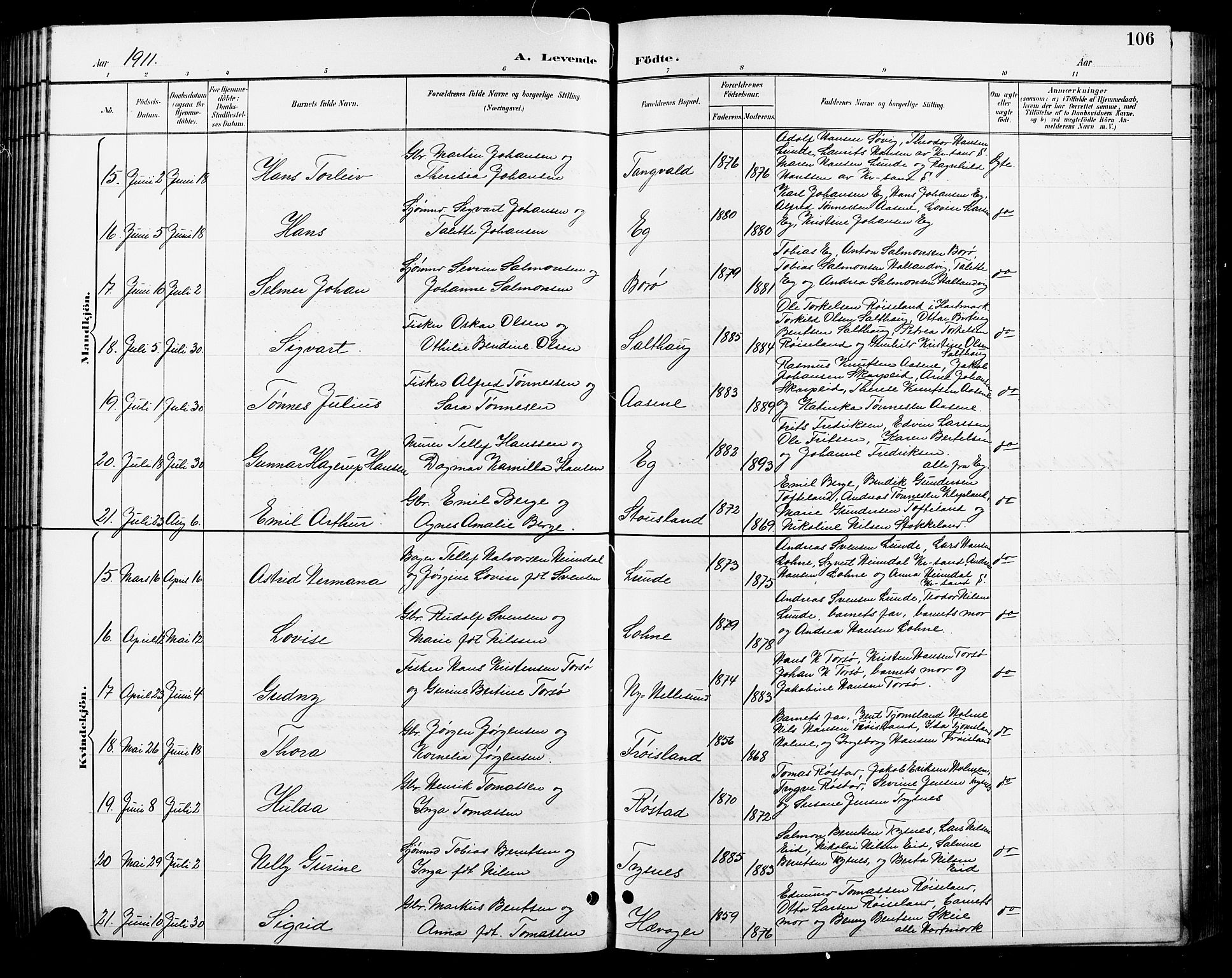 Søgne sokneprestkontor, AV/SAK-1111-0037/F/Fb/Fbb/L0006: Parish register (copy) no. B 6, 1892-1911, p. 106