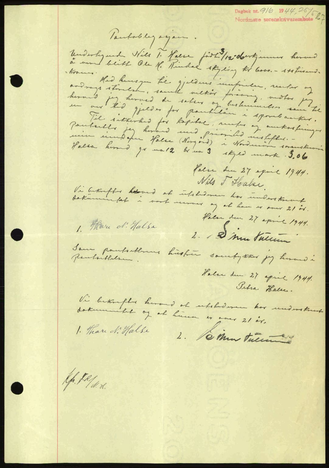 Nordmøre sorenskriveri, AV/SAT-A-4132/1/2/2Ca: Mortgage book no. B91, 1943-1944, Diary no: : 916/1944