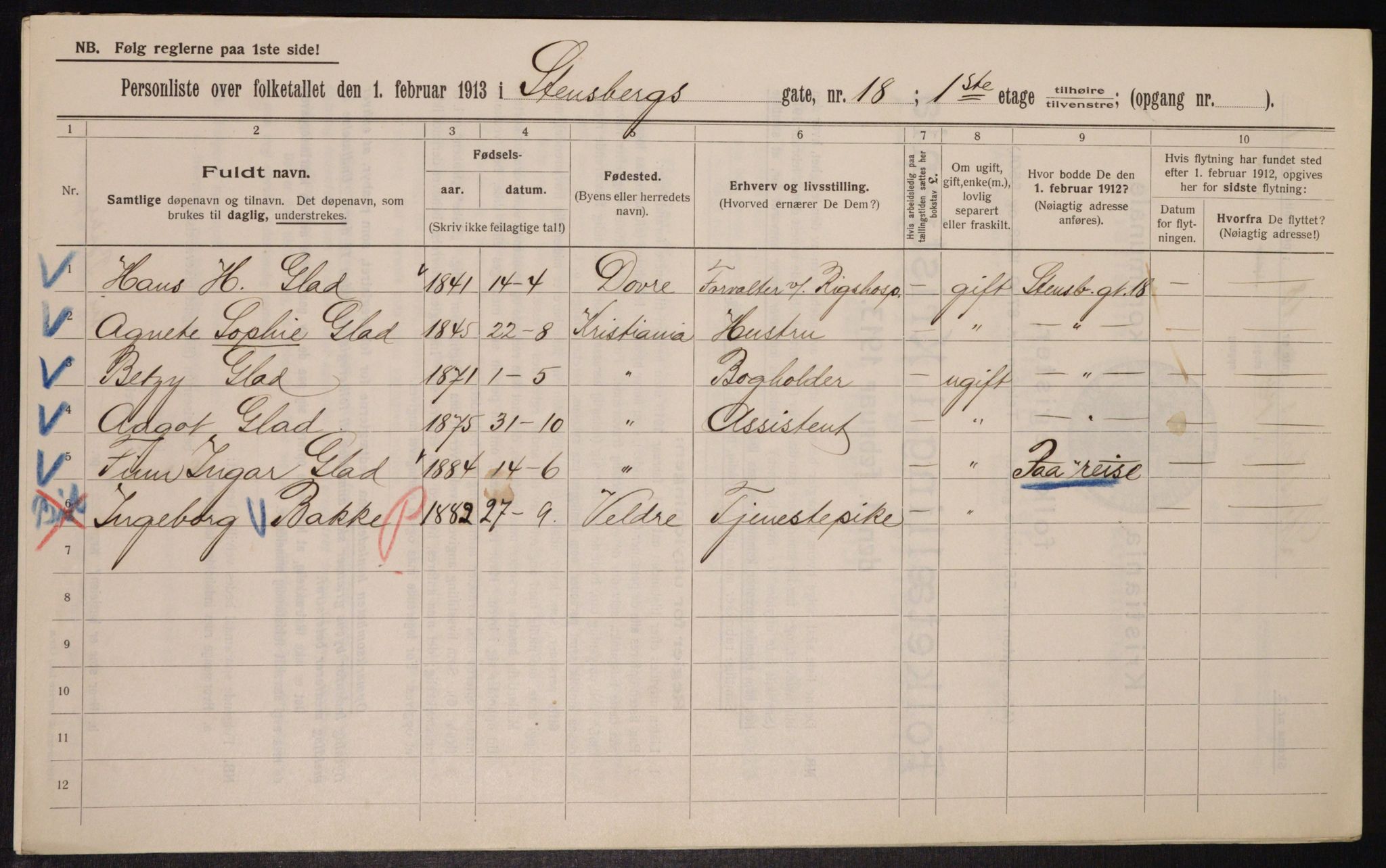 OBA, Municipal Census 1913 for Kristiania, 1913, p. 101623