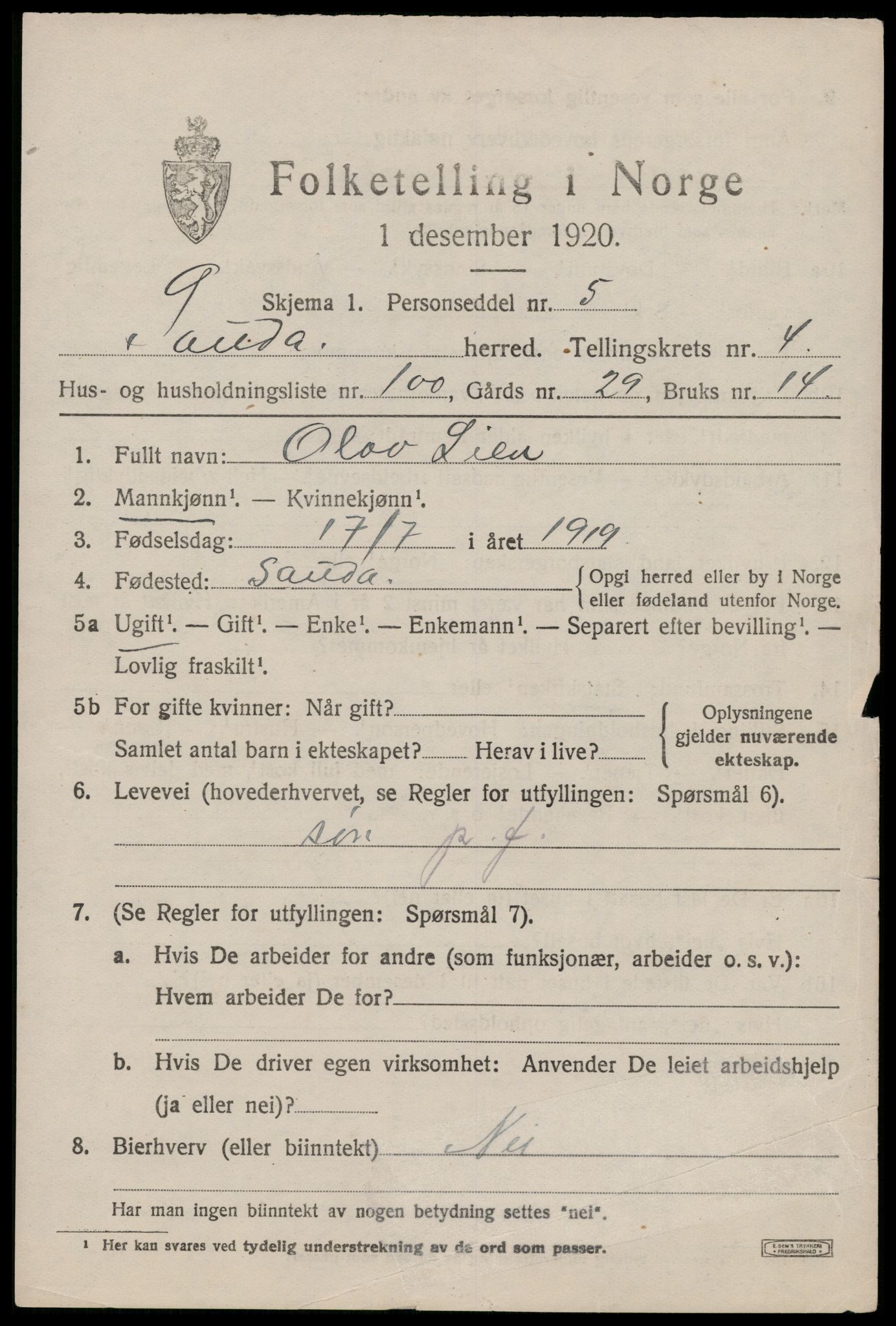 SAST, 1920 census for Sauda, 1920, p. 3008