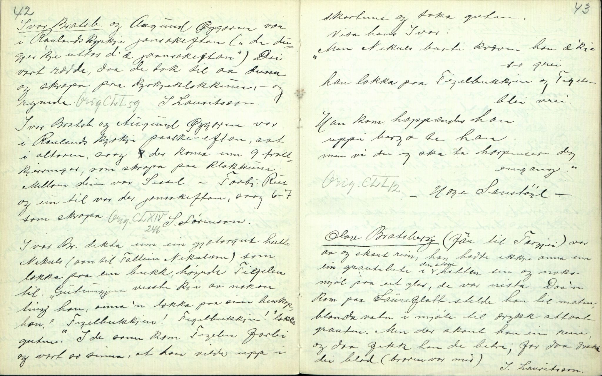 Rikard Berge, TEMU/TGM-A-1003/F/L0002/0023: 031-060 Innholdslister / 53 Segnir og sogur. Raudland, Vinje m.fl. , 1910-1950, p. 42-43