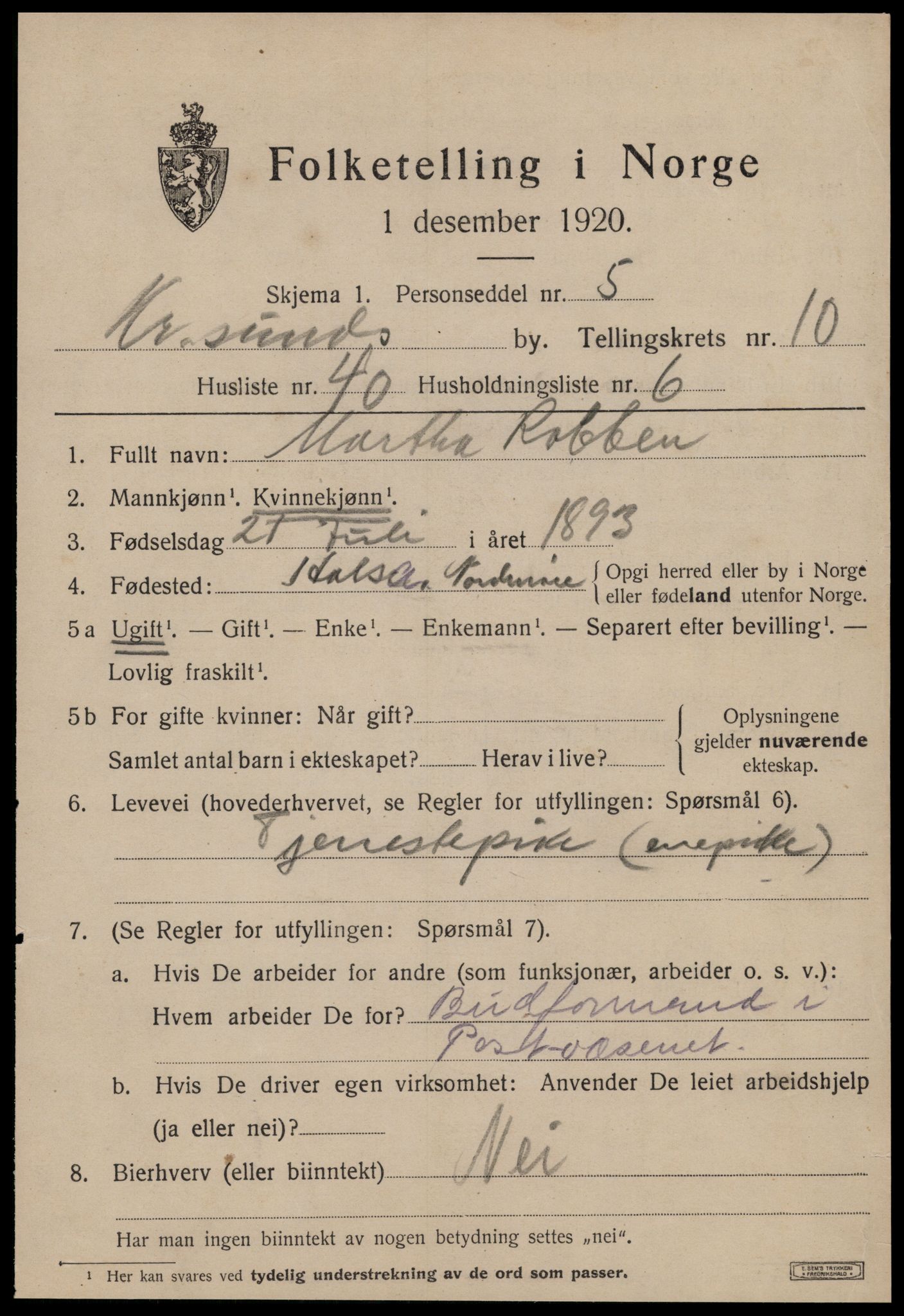 SAT, 1920 census for Kristiansund, 1920, p. 23899