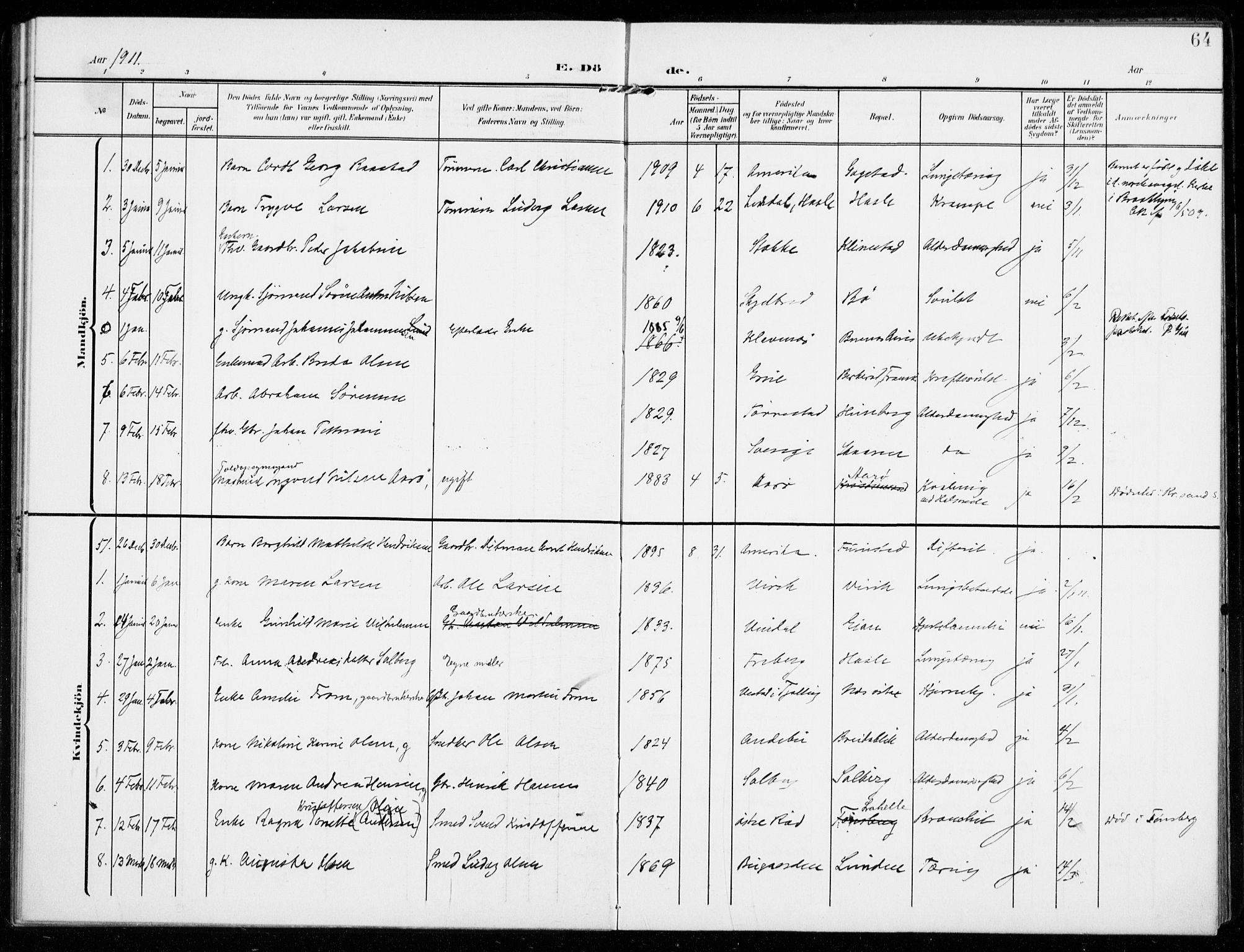 Sandar kirkebøker, SAKO/A-243/F/Fa/L0019: Parish register (official) no. 19, 1908-1914, p. 64