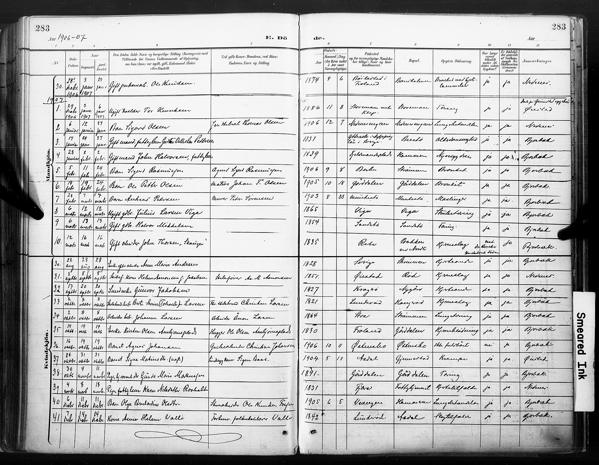 Øyestad sokneprestkontor, AV/SAK-1111-0049/F/Fa/L0018: Parish register (official) no. A 18, 1897-1907, p. 283