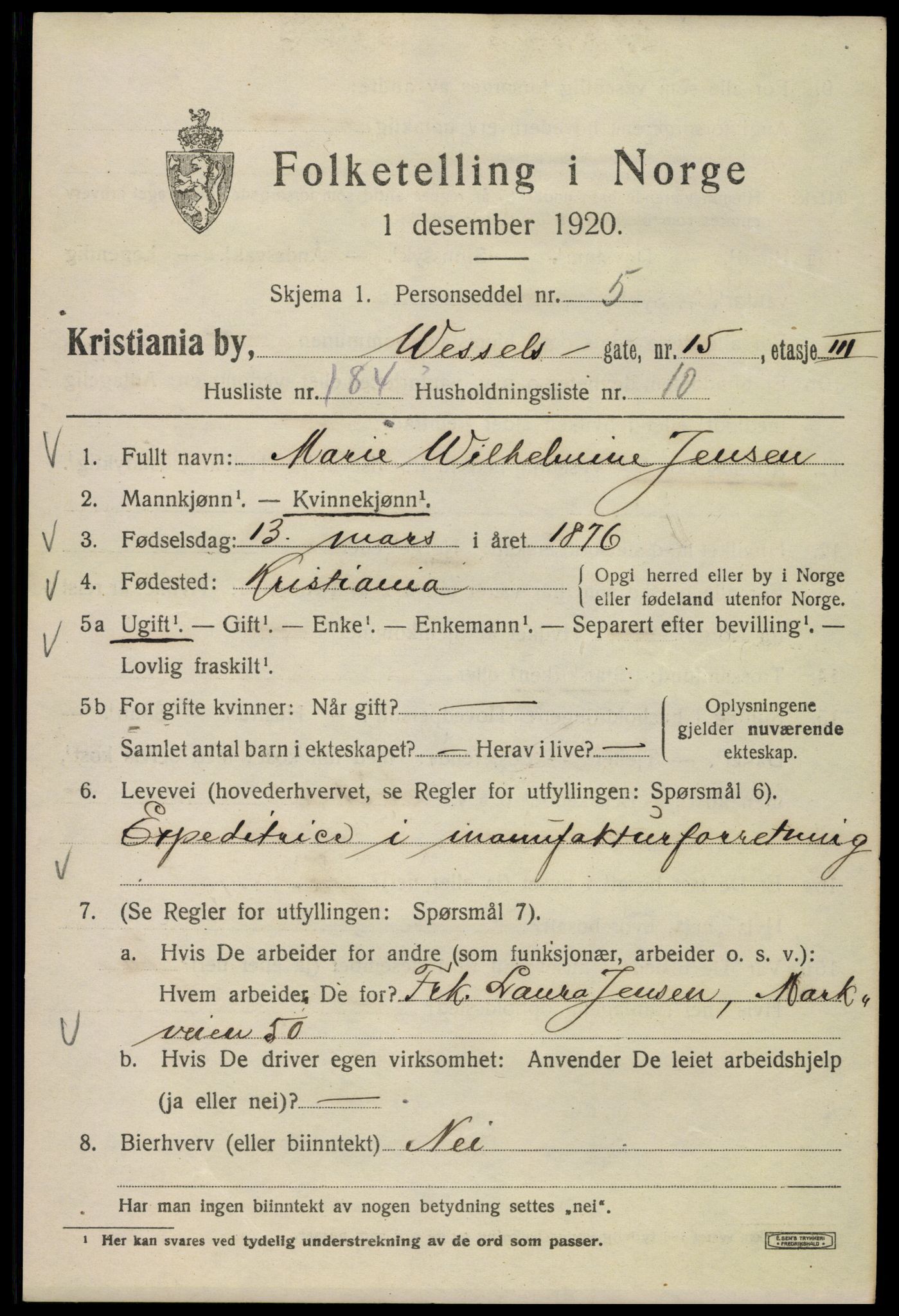 SAO, 1920 census for Kristiania, 1920, p. 652717