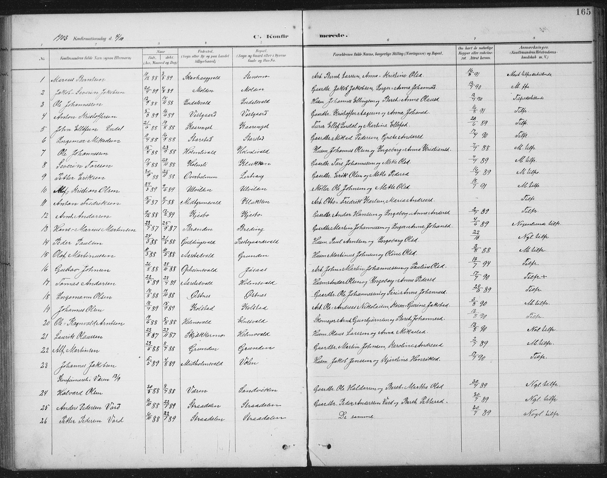 Ministerialprotokoller, klokkerbøker og fødselsregistre - Nord-Trøndelag, SAT/A-1458/724/L0269: Parish register (copy) no. 724C05, 1899-1920, p. 165