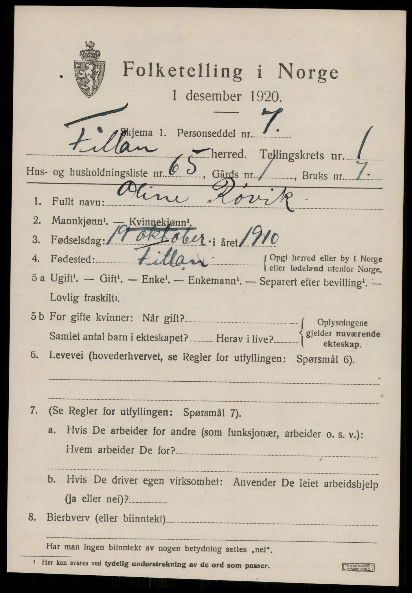 SAT, 1920 census for Fillan, 1920, p. 1318