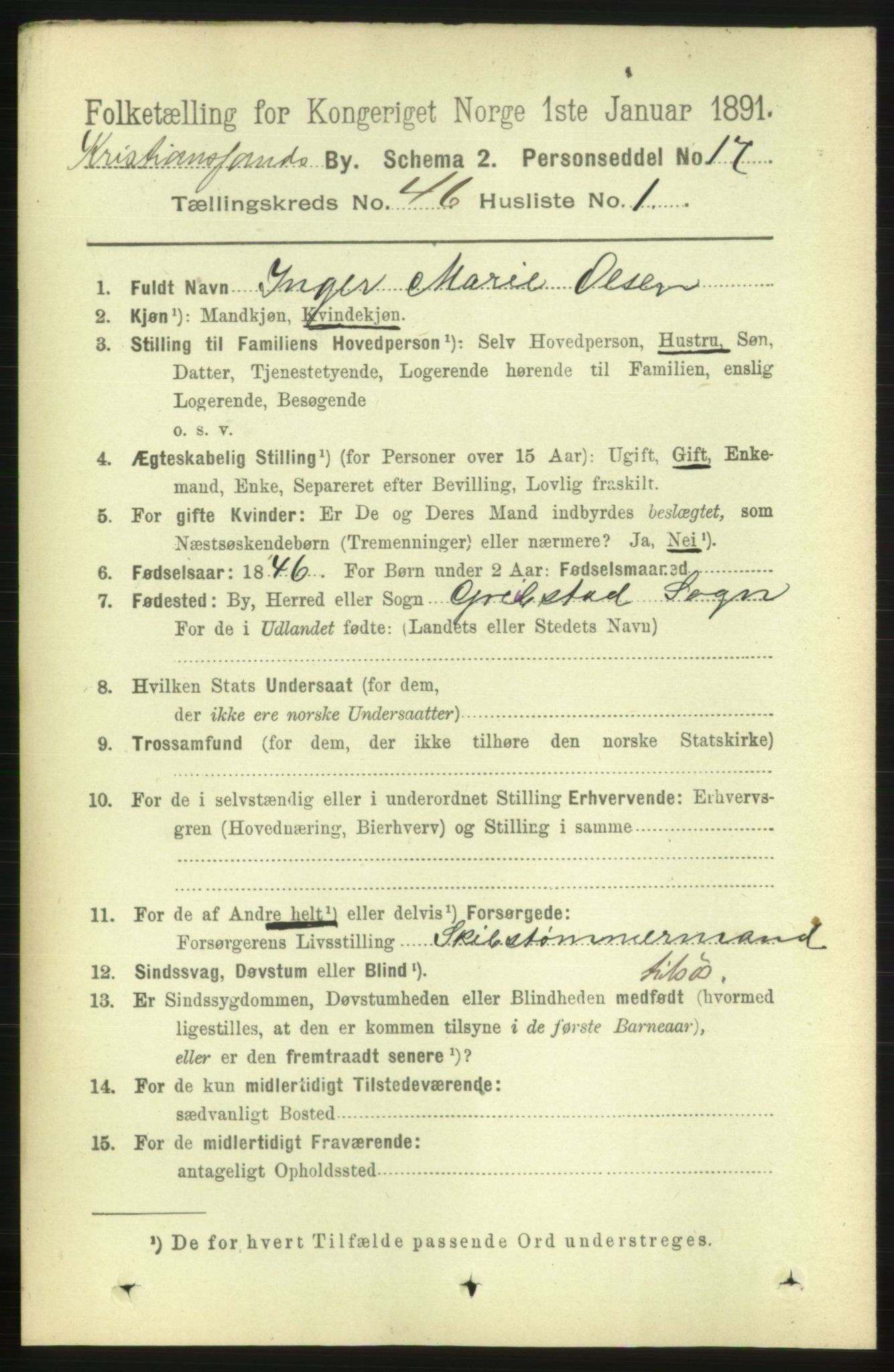 RA, 1891 census for 1001 Kristiansand, 1891, p. 14016