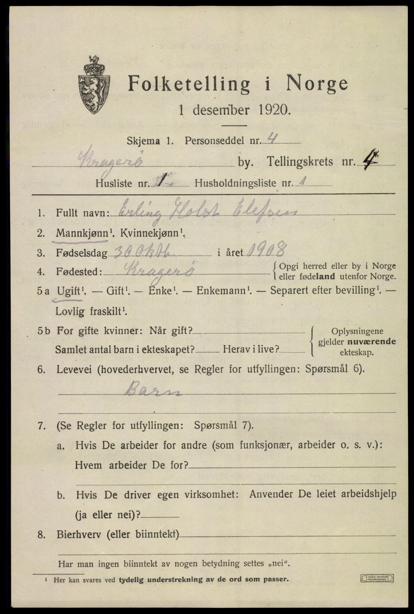 SAKO, 1920 census for Kragerø, 1920, p. 7703