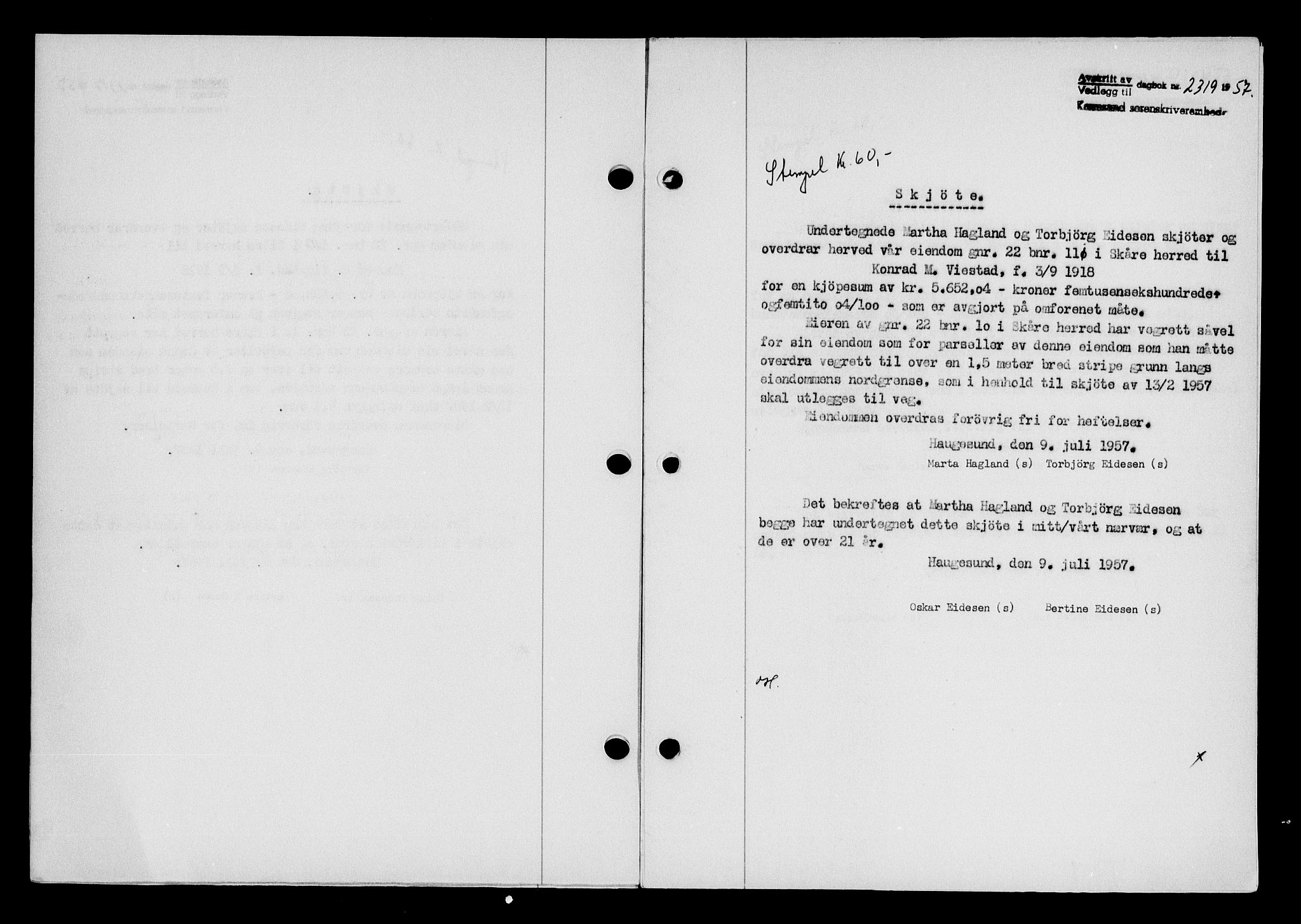 Karmsund sorenskriveri, AV/SAST-A-100311/01/II/IIB/L0125: Mortgage book no. 105A, 1957-1957, Diary no: : 2319/1957