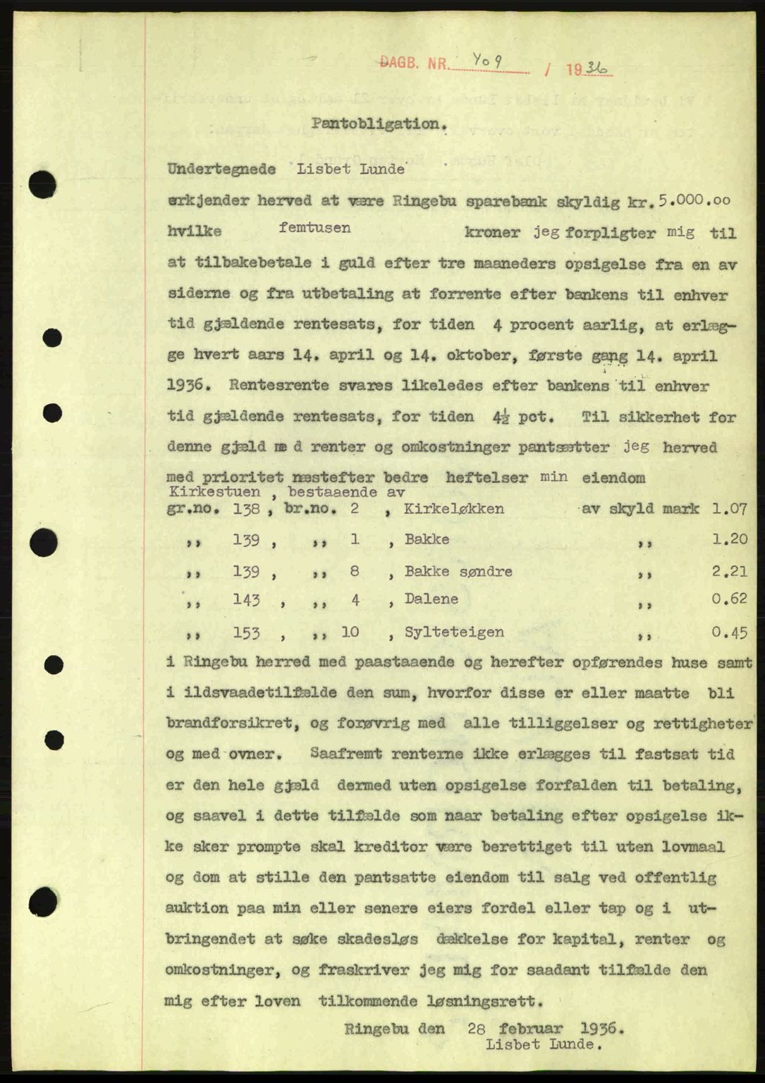 Sør-Gudbrandsdal tingrett, SAH/TING-004/H/Hb/Hbe/L0001: Mortgage book no. B1, 1936-1939, Diary no: : 409/1936