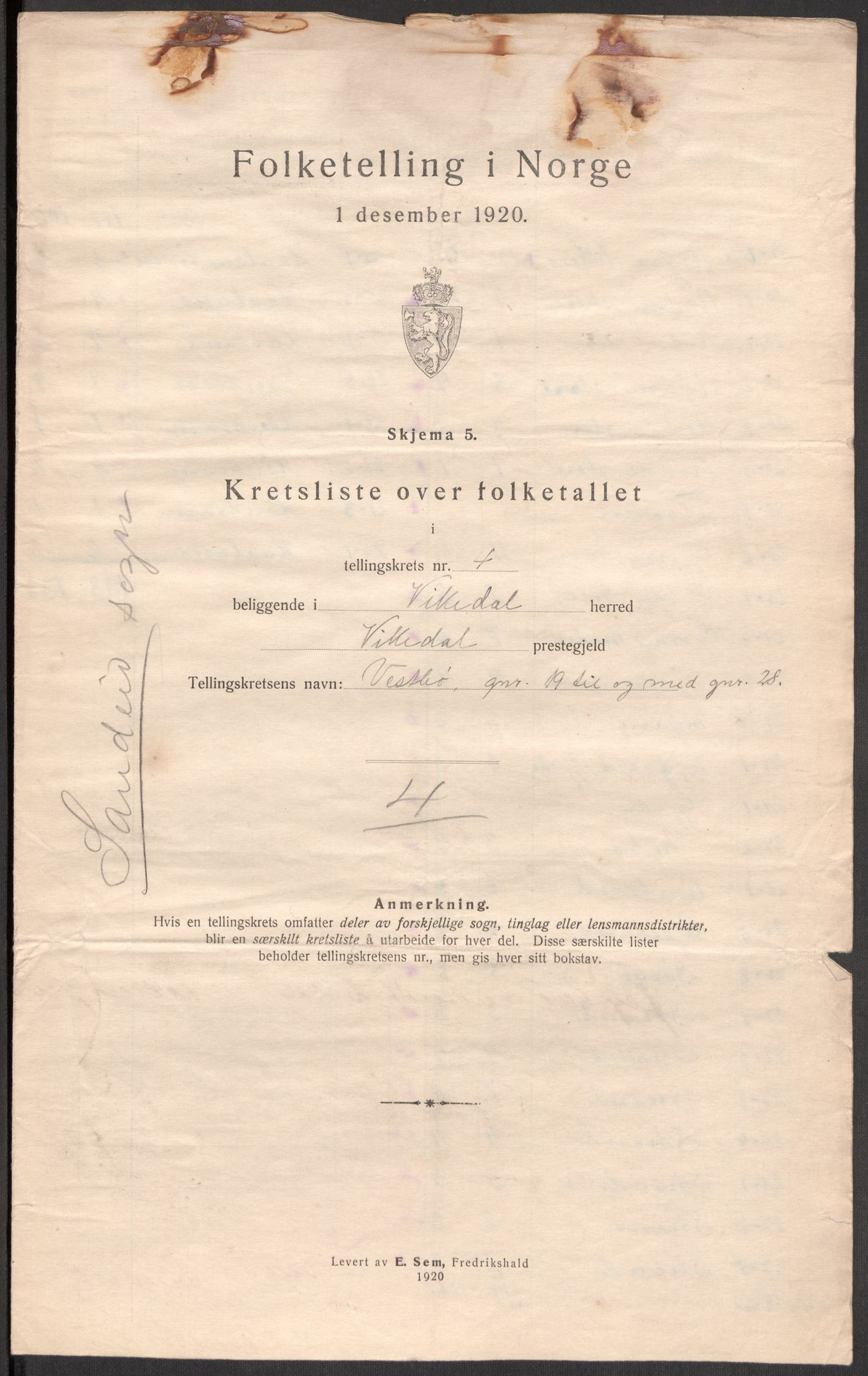 SAST, 1920 census for Vikedal, 1920, p. 18