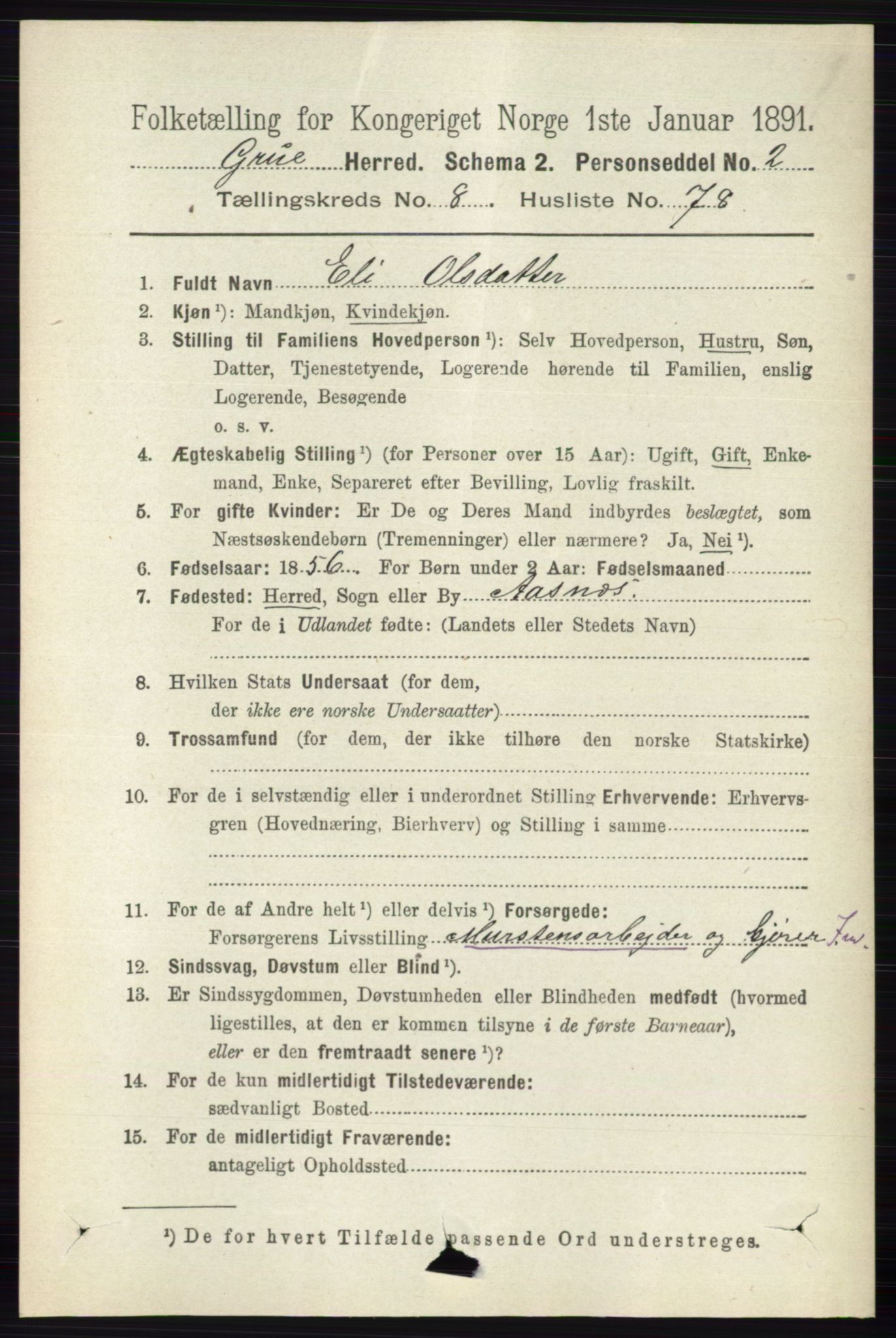 RA, 1891 census for 0423 Grue, 1891, p. 4798
