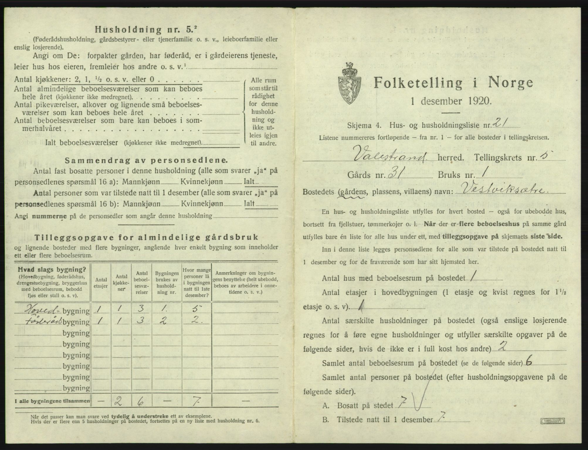 SAB, 1920 census for Valestrand, 1920, p. 370