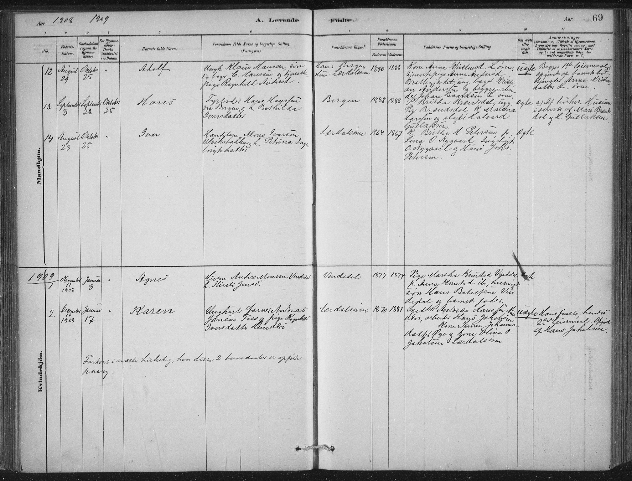 Lærdal sokneprestembete, SAB/A-81201: Parish register (official) no. D  1, 1878-1908, p. 69