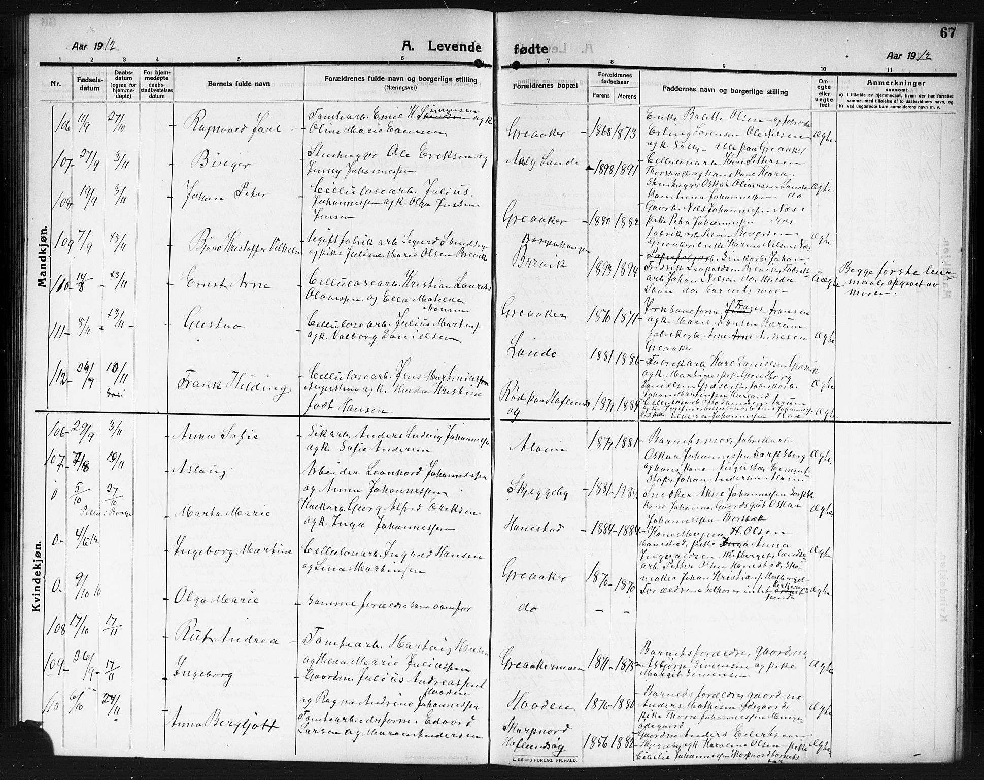 Tune prestekontor Kirkebøker, AV/SAO-A-2007/G/Ga/L0002: Parish register (copy) no. I 2, 1910-1913, p. 67