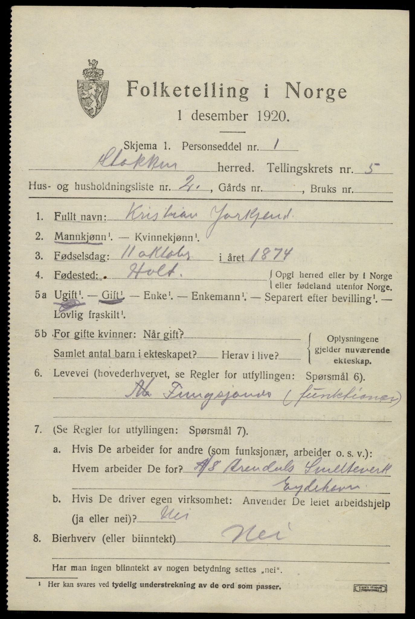 SAK, 1920 census for Stokken, 1920, p. 3298