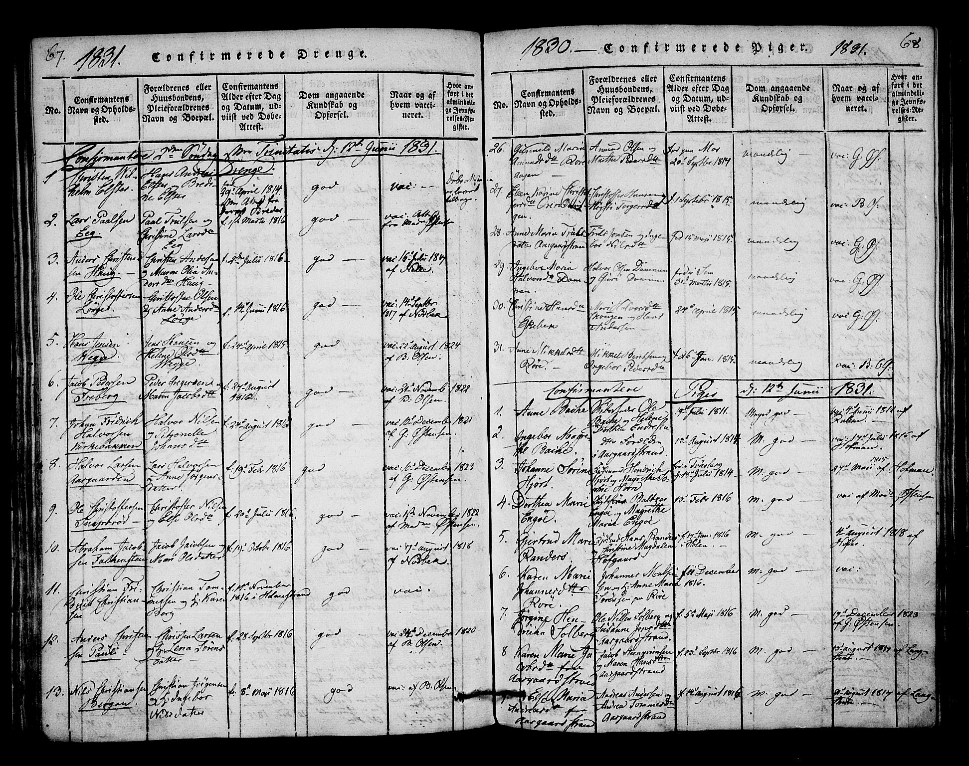 Borre kirkebøker, SAKO/A-338/F/Fa/L0004: Parish register (official) no. I 4, 1815-1845, p. 67-68