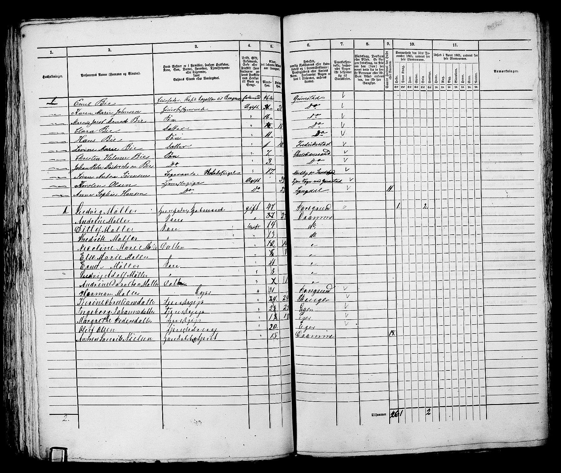 RA, 1865 census for Bragernes in Drammen, 1865, p. 208