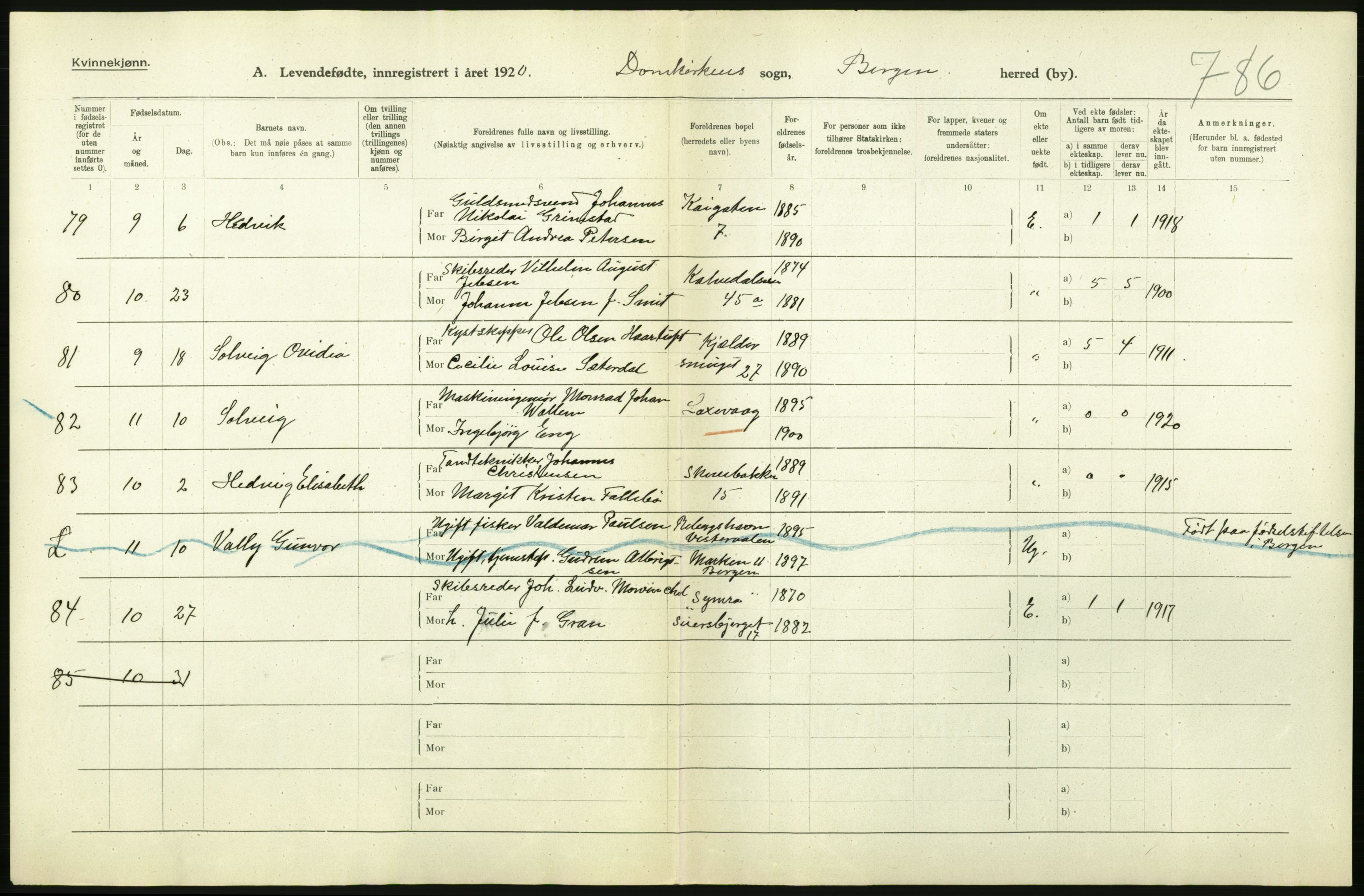 Statistisk sentralbyrå, Sosiodemografiske emner, Befolkning, AV/RA-S-2228/D/Df/Dfb/Dfbj/L0041: Bergen: Levendefødte menn og kvinner., 1920, p. 8