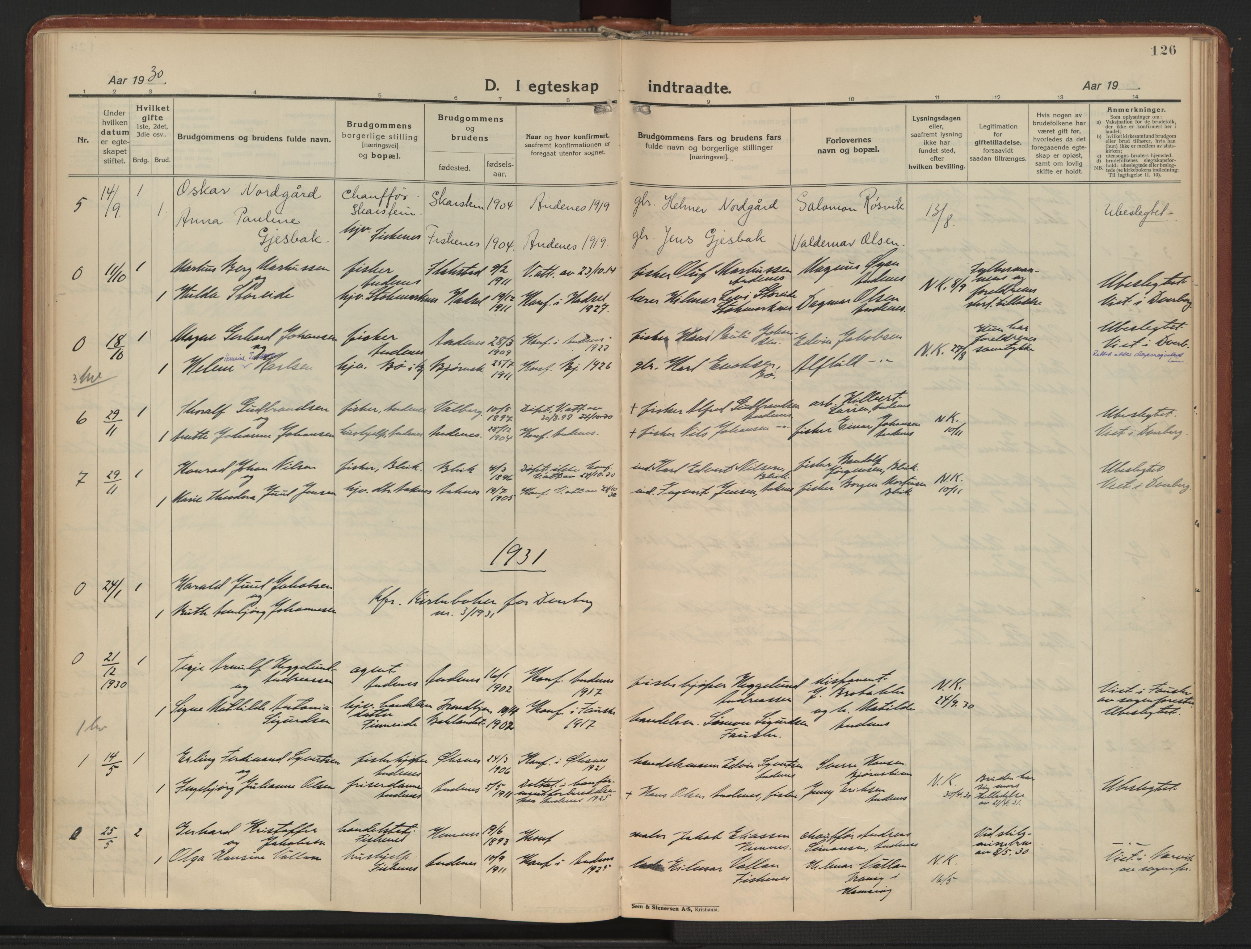 Ministerialprotokoller, klokkerbøker og fødselsregistre - Nordland, AV/SAT-A-1459/899/L1441: Parish register (official) no. 899A09, 1923-1939, p. 126