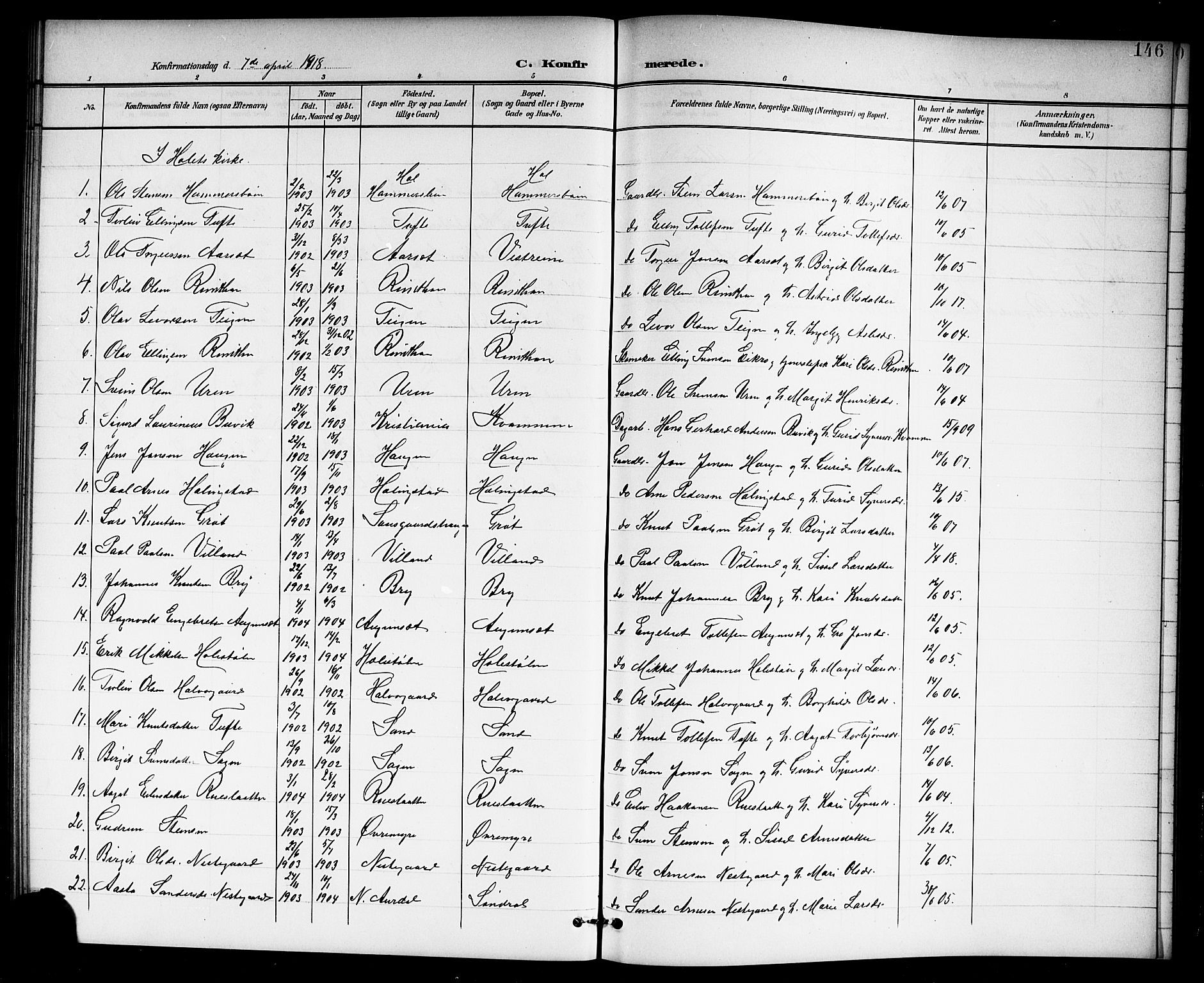 Hol kirkebøker, SAKO/A-227/G/Ga/L0001: Parish register (copy) no. I 1, 1900-1919, p. 146