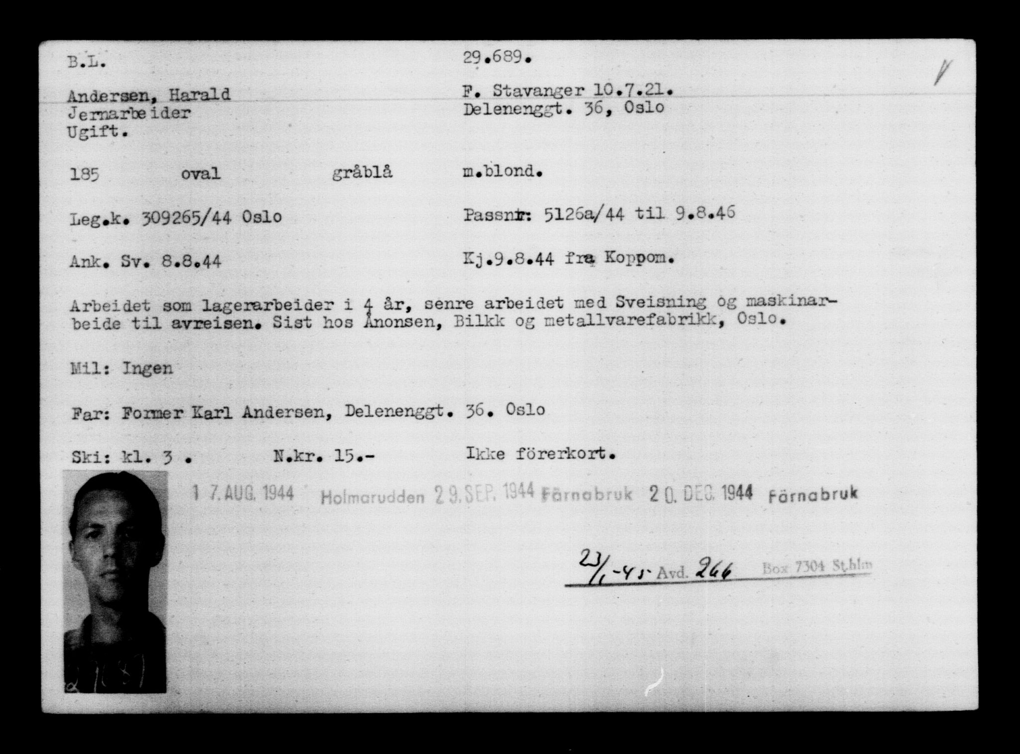 Utenriksstasjonene, Legasjonen i Stockholm, Flyktningkontoret, AV/RA-S-6753/V/Va/L0012: Kjesäterkartoteket, flyktninger med registreringsnr. 28300-31566, 1940-1945, p. 1526