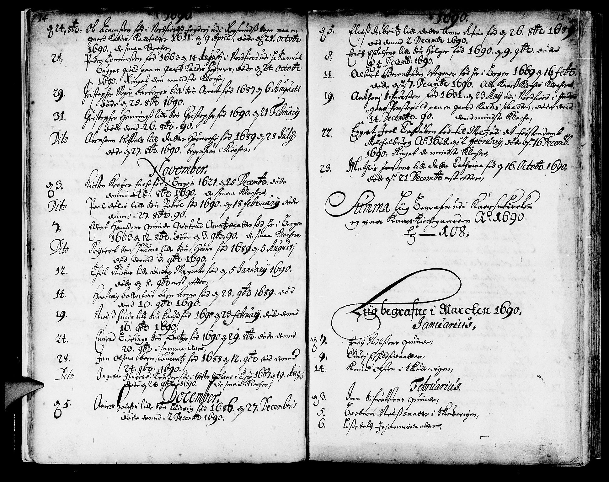 Korskirken sokneprestembete, SAB/A-76101/H/Haa/L0010: Parish register (official) no. A 10, 1688-1703, p. 14-15