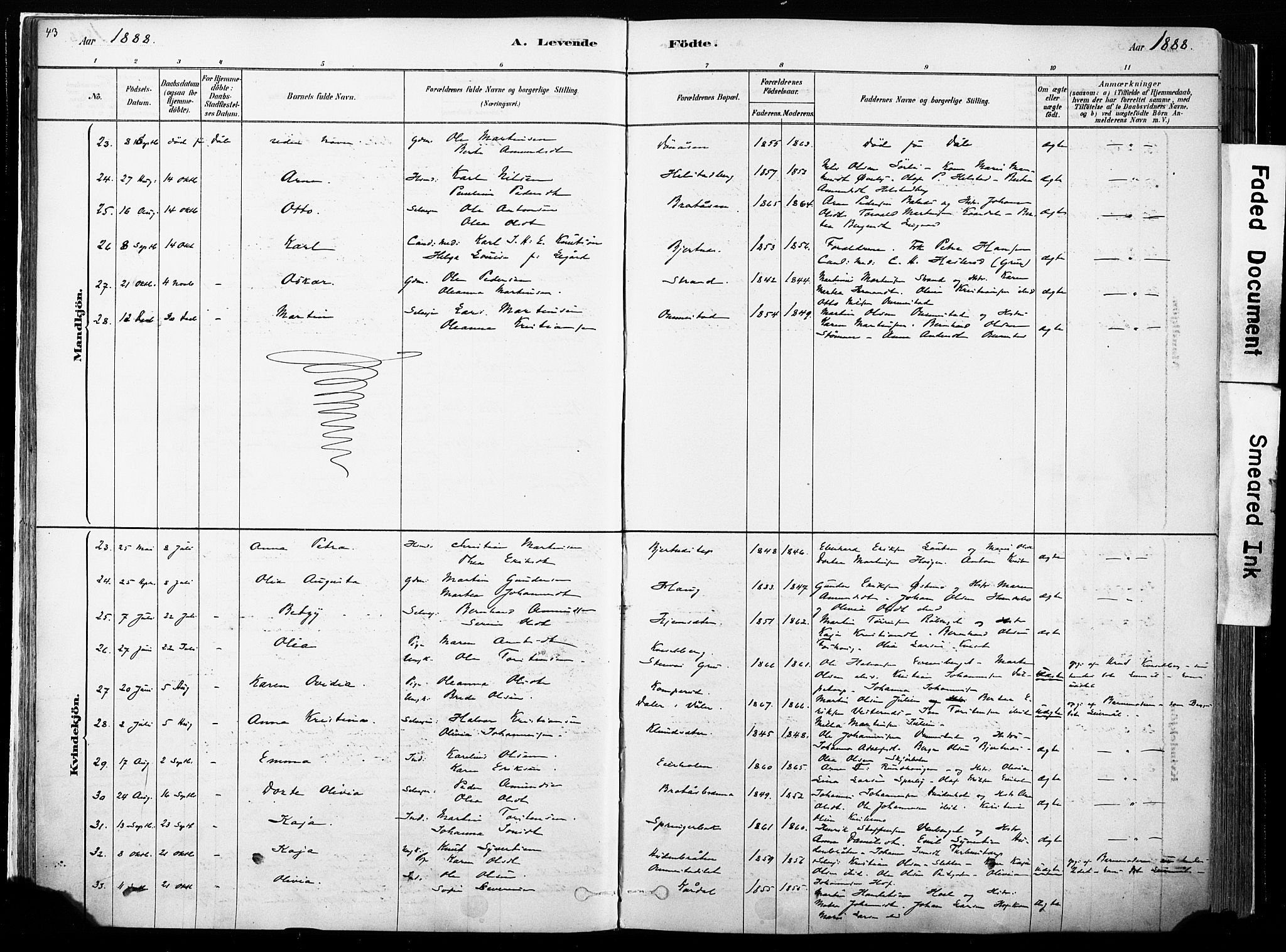 Hof prestekontor, SAH/PREST-038/H/Ha/Haa/L0010: Parish register (official) no. 10, 1878-1909, p. 43