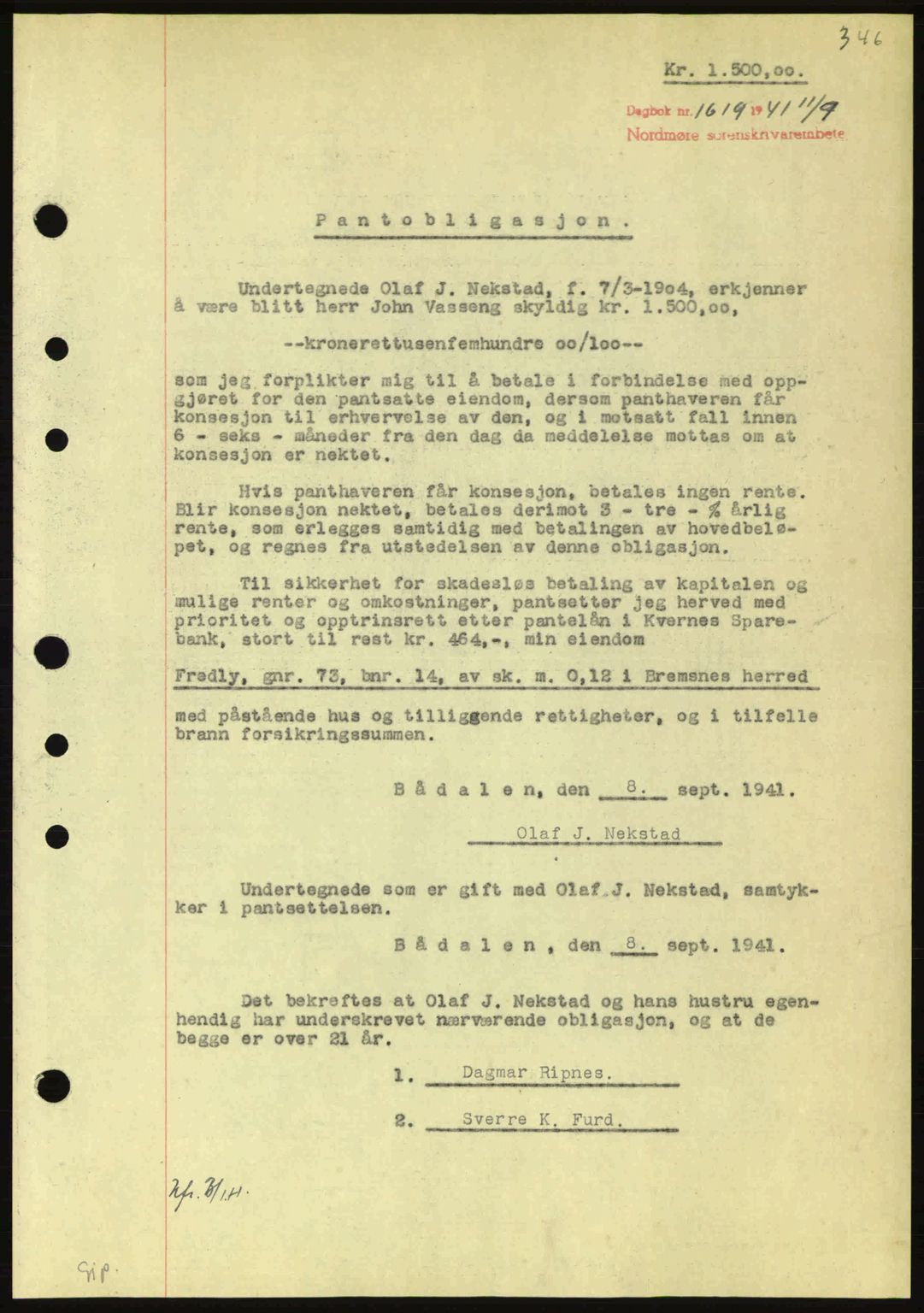 Nordmøre sorenskriveri, SAT/A-4132/1/2/2Ca: Mortgage book no. B88, 1941-1942, Diary no: : 1619/1941
