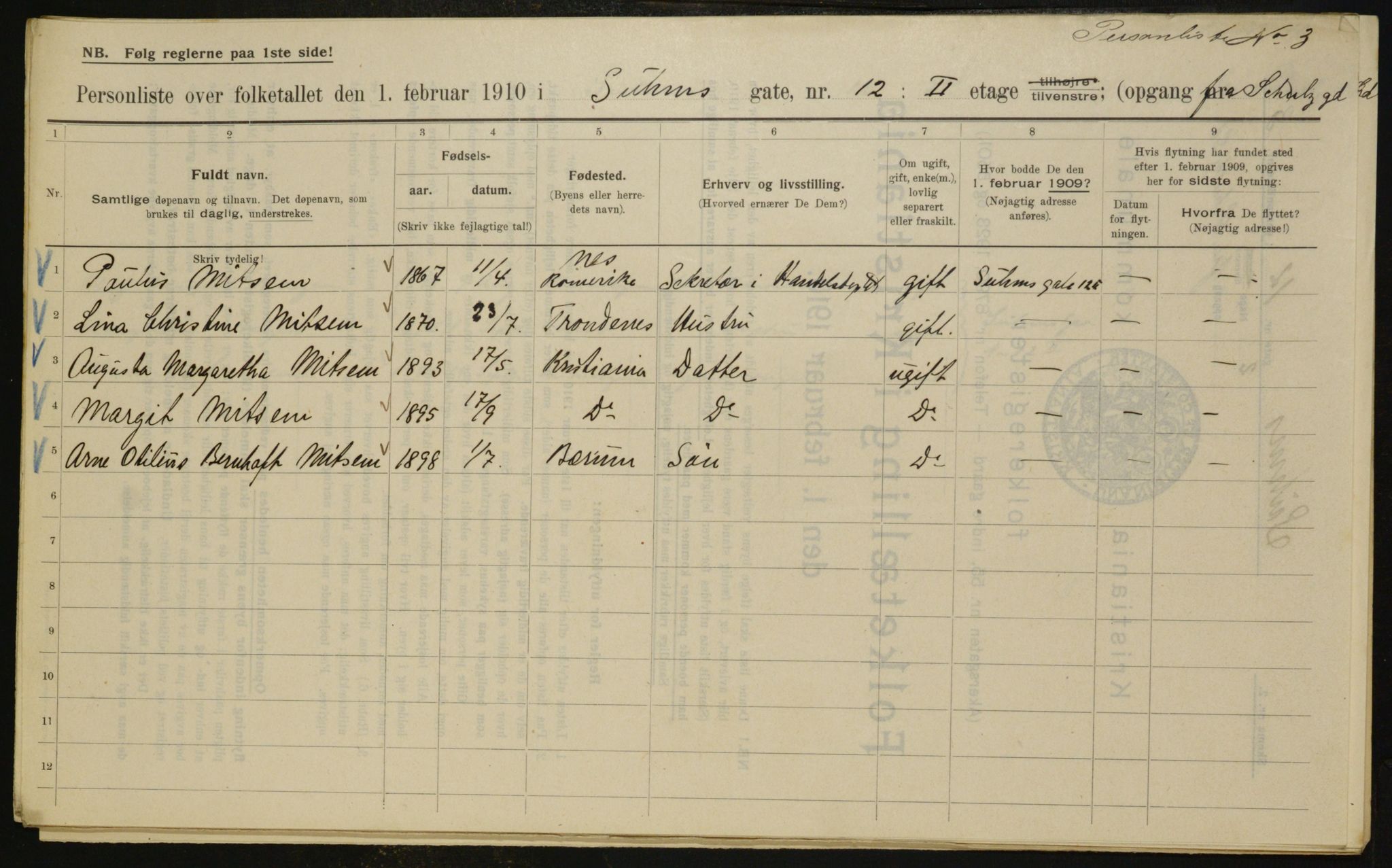 OBA, Municipal Census 1910 for Kristiania, 1910, p. 99267