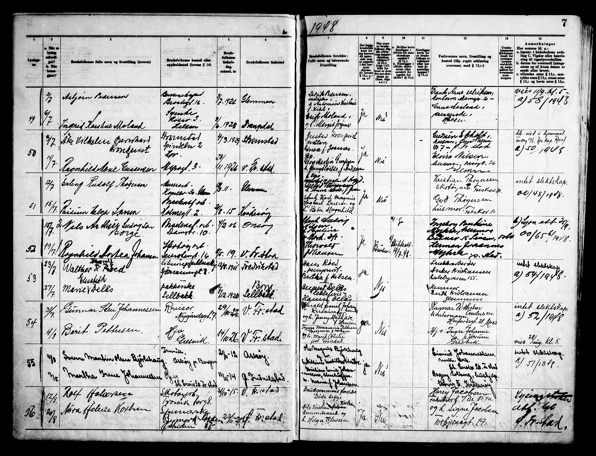 Fredrikstad domkirkes prestekontor Kirkebøker, AV/SAO-A-10906/H/Ha/L0005: Banns register no. 5, 1948-1960, p. 7