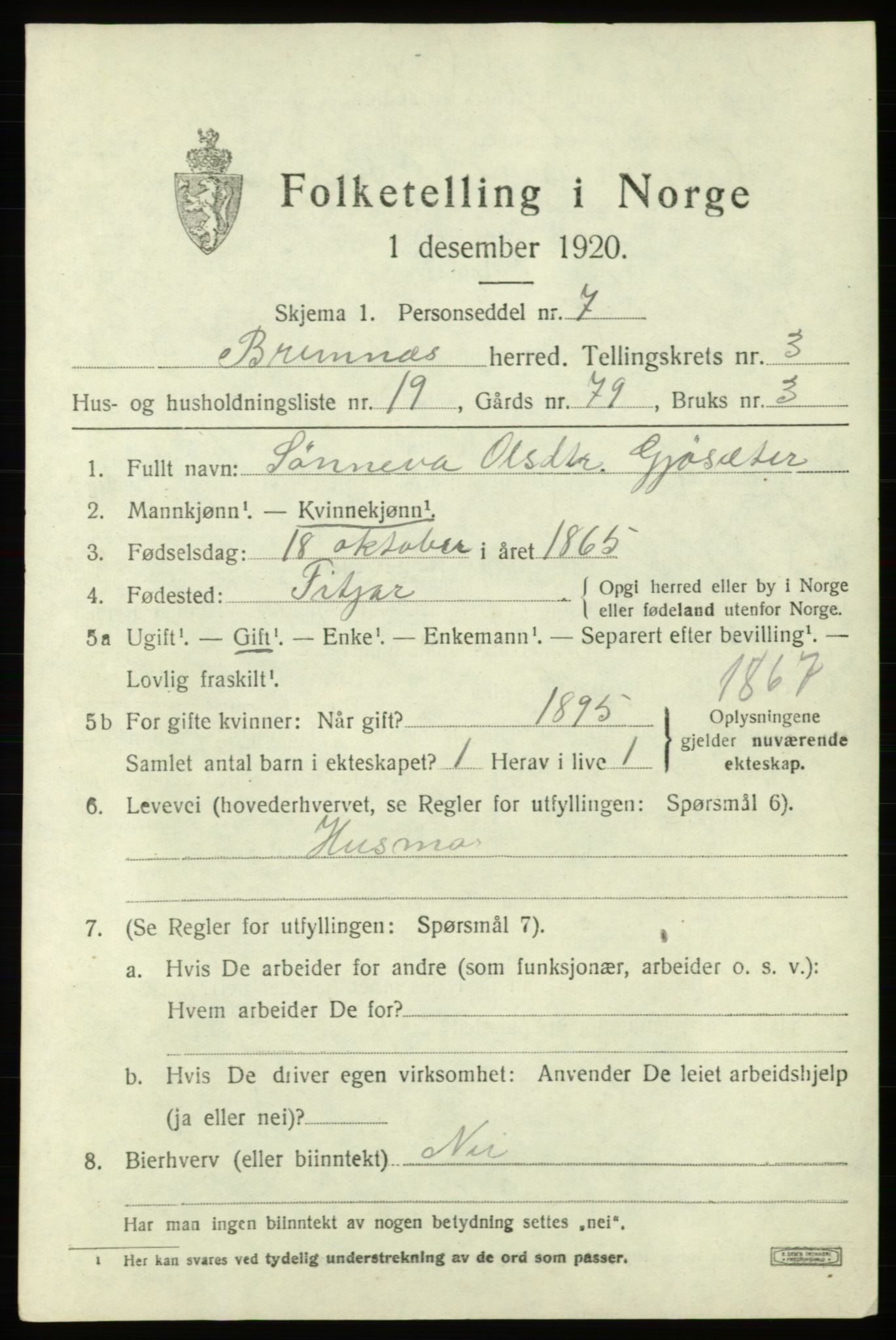 SAB, 1920 census for Bremnes, 1920, p. 1800