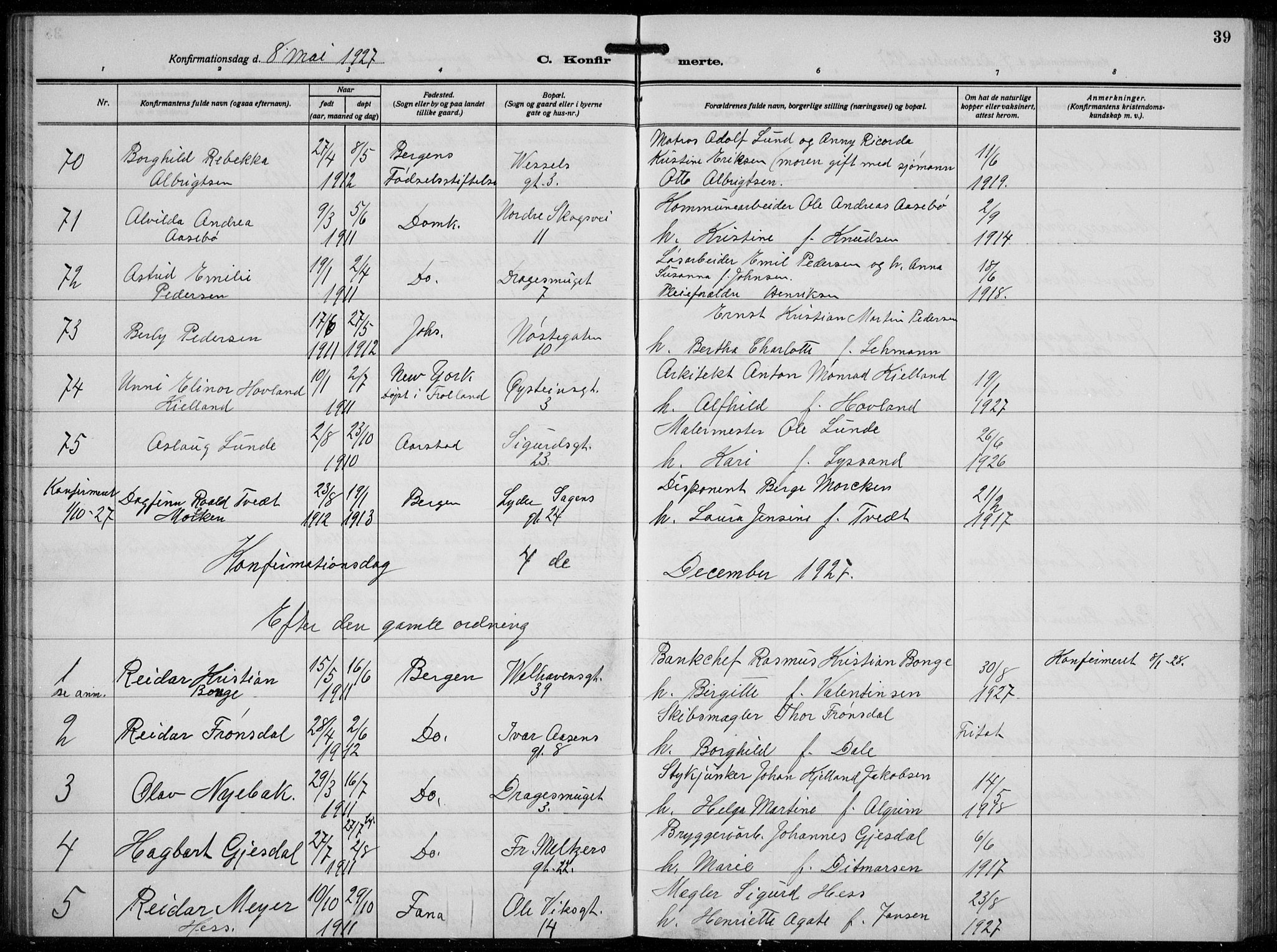 Johanneskirken sokneprestembete, AV/SAB-A-76001/H/Hab: Parish register (copy) no. B  3, 1925-1935, p. 38b-39a