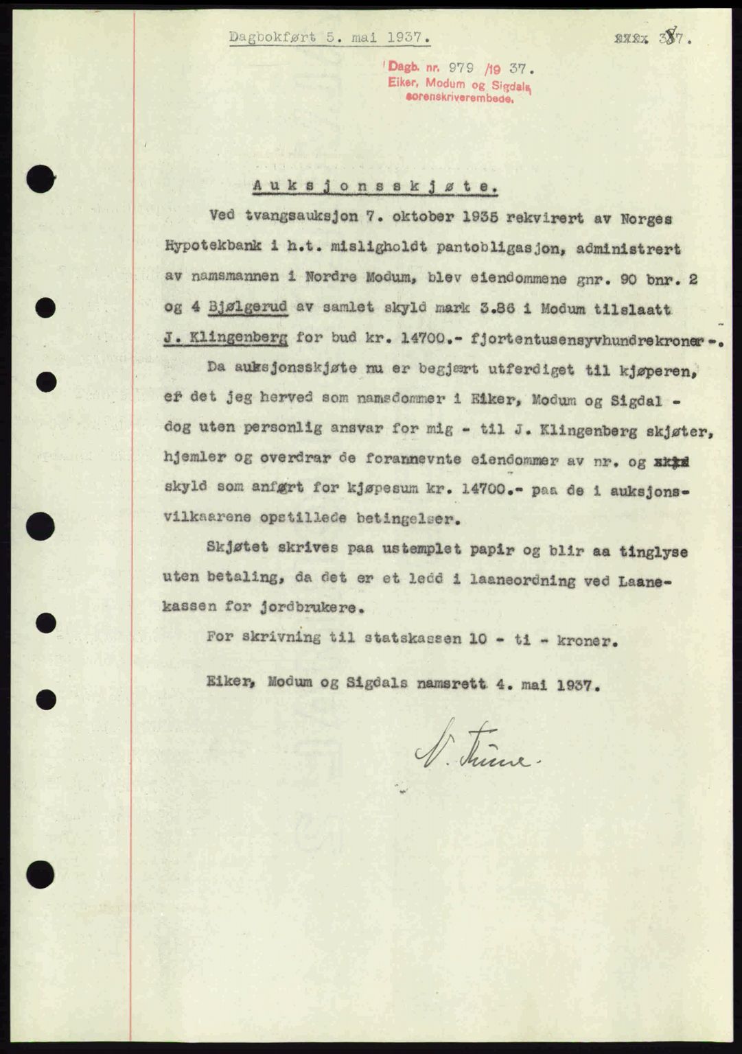 Eiker, Modum og Sigdal sorenskriveri, SAKO/A-123/G/Ga/Gab/L0035: Mortgage book no. A5, 1937-1937, Diary no: : 979/1937