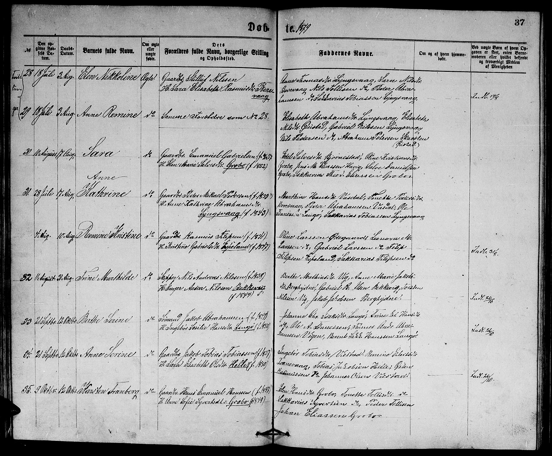 Herad sokneprestkontor, AV/SAK-1111-0018/F/Fb/Fbb/L0003: Parish register (copy) no. B 3, 1872-1889, p. 37