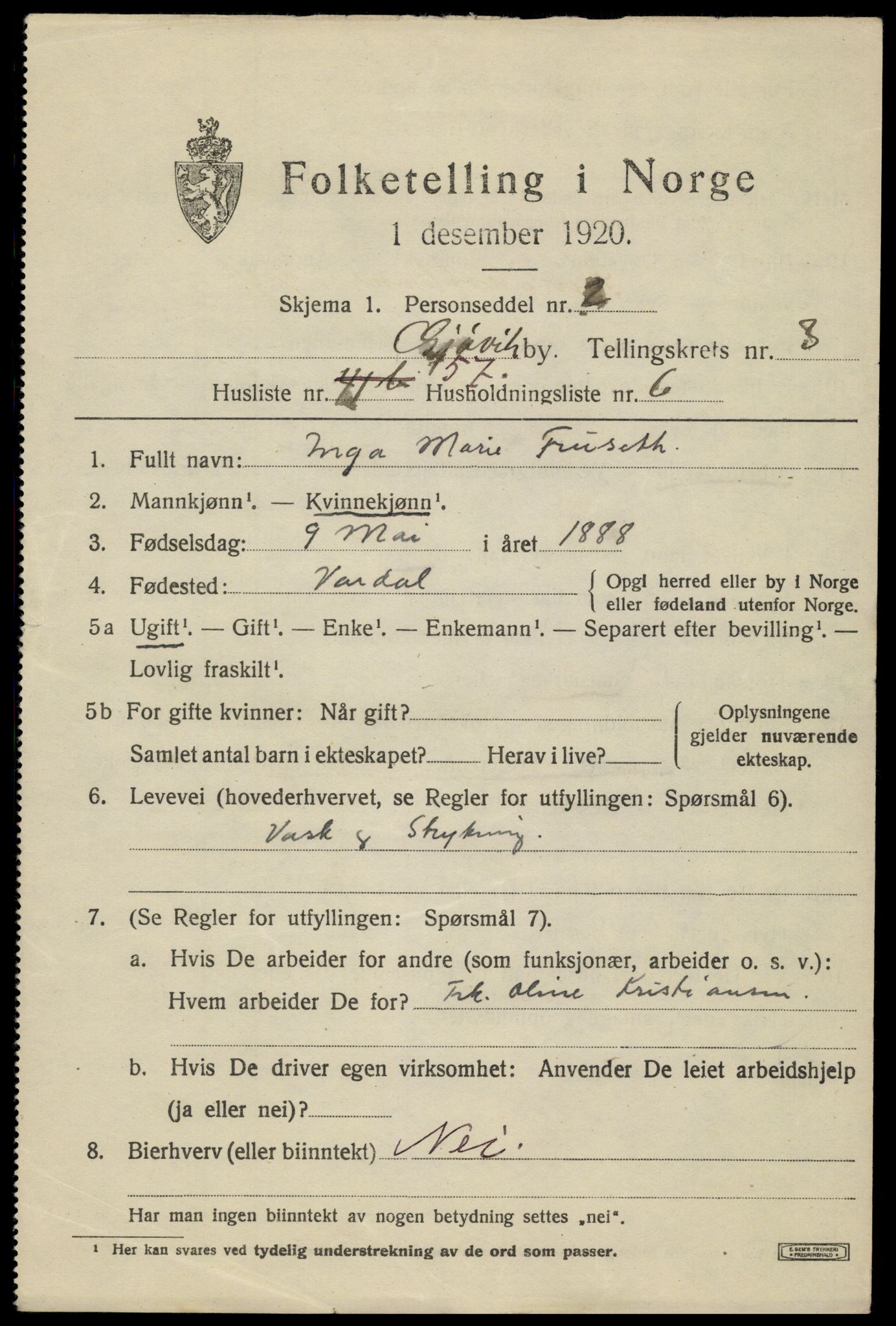 SAH, 1920 census for Gjøvik, 1920, p. 7826